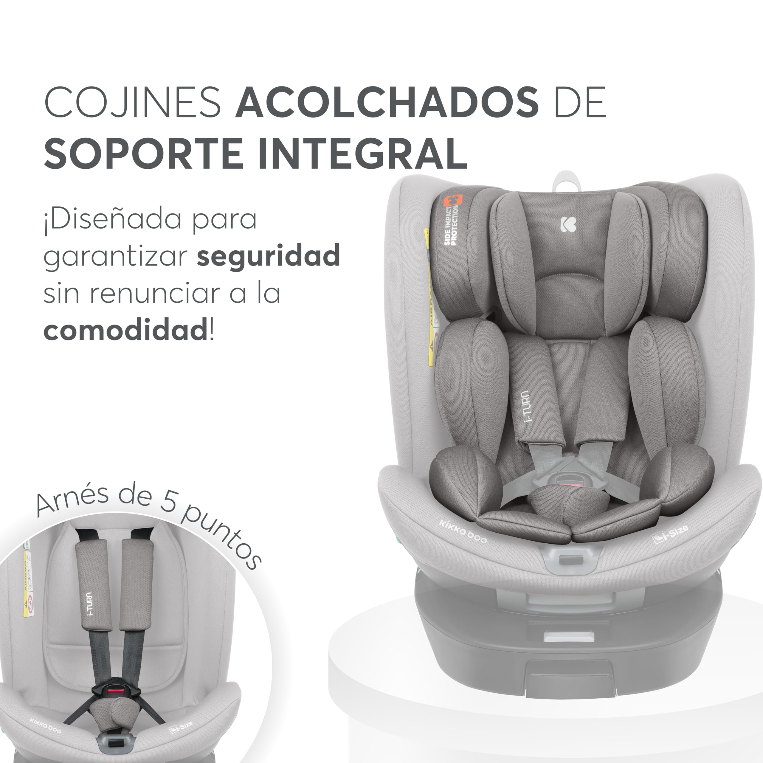 KikkaBoo Silla de Coche i-Size i-TURN, 40-150 cm, Silla Coche Bebé Grupo 0 1 2 3 ISOFIX, de 0 a 12 años, Giratoria 360°, 12 Posiciones Reposacabezas, Sistema SPS, Cojín Reductor, Gris Claro