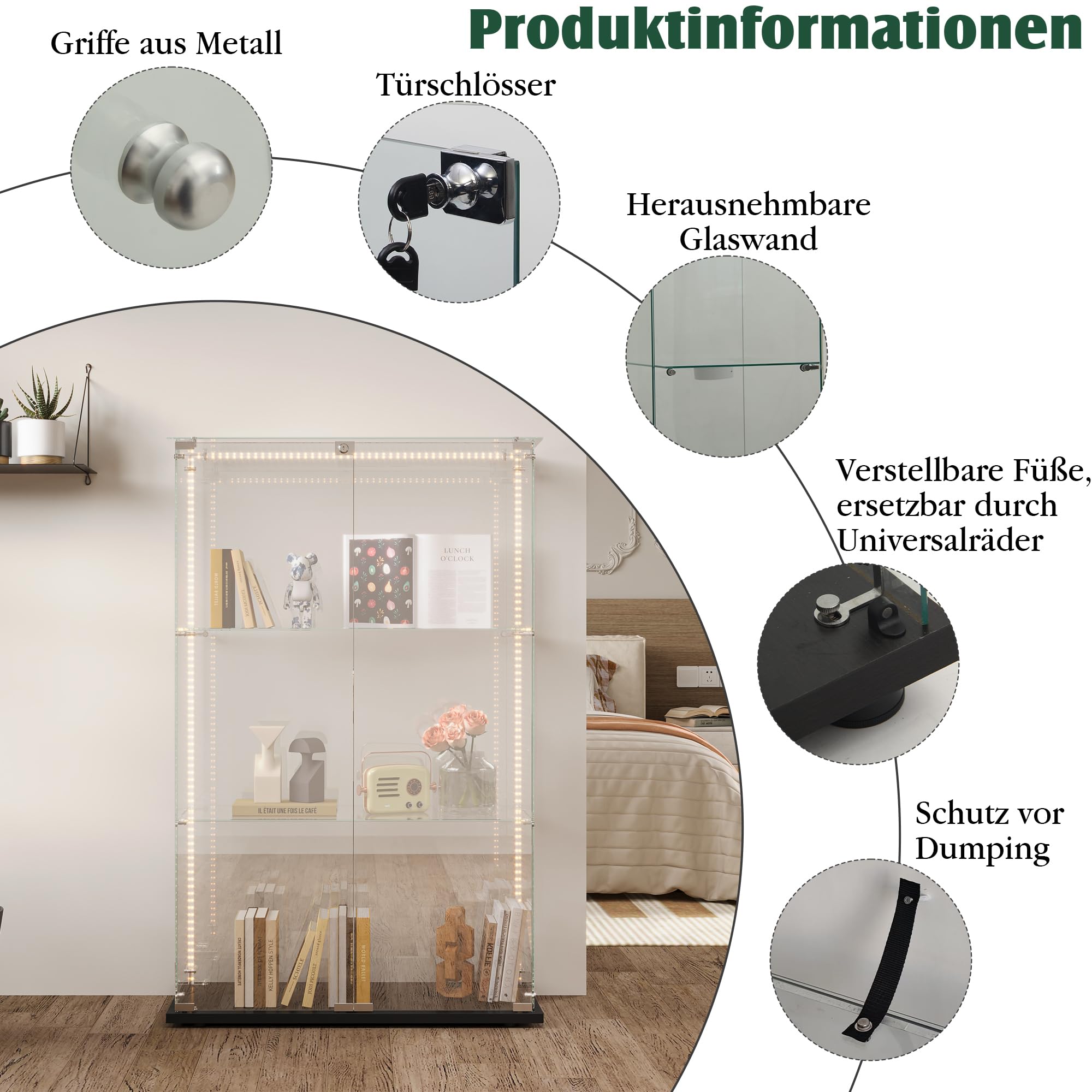 Vitrina de cristal con iluminación LED, armario de vitrina con cerradura, vitrina de cristal a prueba de polvo para colecciones, vitrina de pie para salón, dormitorio, oficina (negro+barra de luz+2