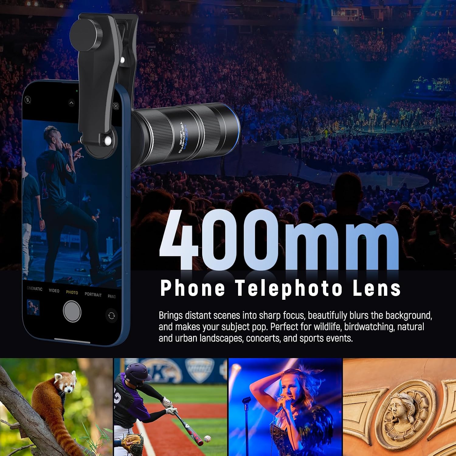 NEEWER 400mm Telephoto Phone Camera Lens with 17mm Threaded Lens Clip, 70cm Minimal Macro Focus Distance, Shot on 2X Zoom, for Backplate, Phone Cage, Case Compatible with iPhone Samsung Android, LS-78 image 2