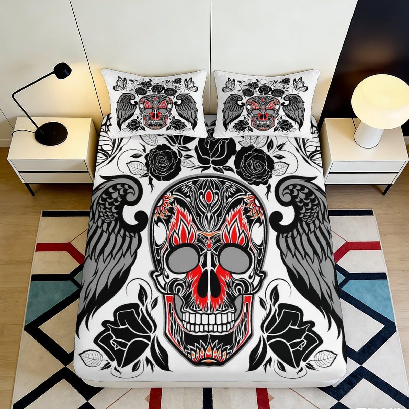 3D Printed Skull Wings Fitted Sheet Microfiber Smooth Durable Black Red Floral Bed Cover for Bedroom Dormitory Guest Room Mattress Protection 90x200x25cm