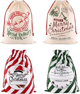 Yoption 4 Pack Large Santa Sack, Christmas Canvas Bags with Drawstrings for Gift Wrapping 19