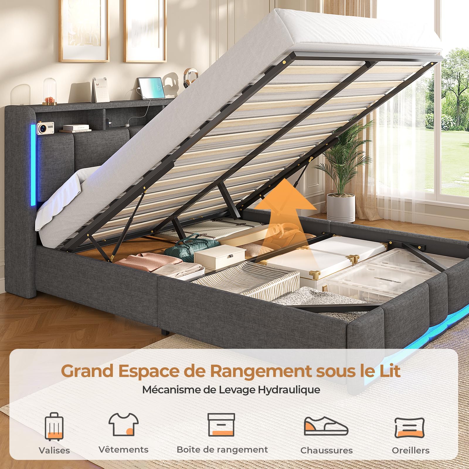 AOGLLATI Lit Coffre 160x200 CM, Lit Double avec LED et Ports USB, Cadre de lit avec Tête de Lit capitonné et Rangement, Lattes en Bois, Lin Gris Foncé(sans Matelas)