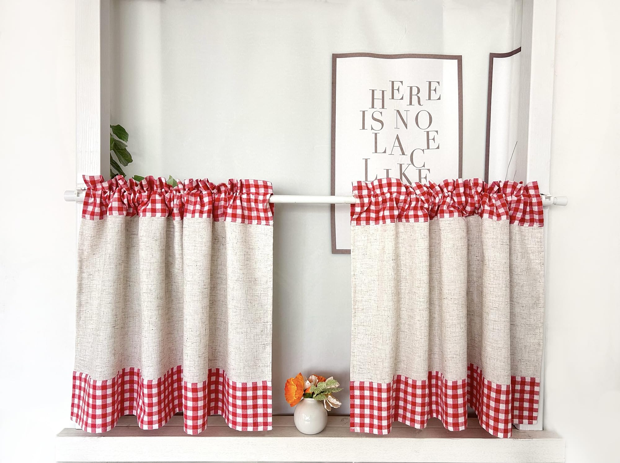 Set di 2 Tendine a Quadri per Bistrot, Tenda Corta in Stile Rustico con Aspetto Lino, Tenda da Cucina in Stile Rustico, Tendina Retrò Vintage per Piccole Finestre (LxA 70x60cm) Rosso 2 pezzi