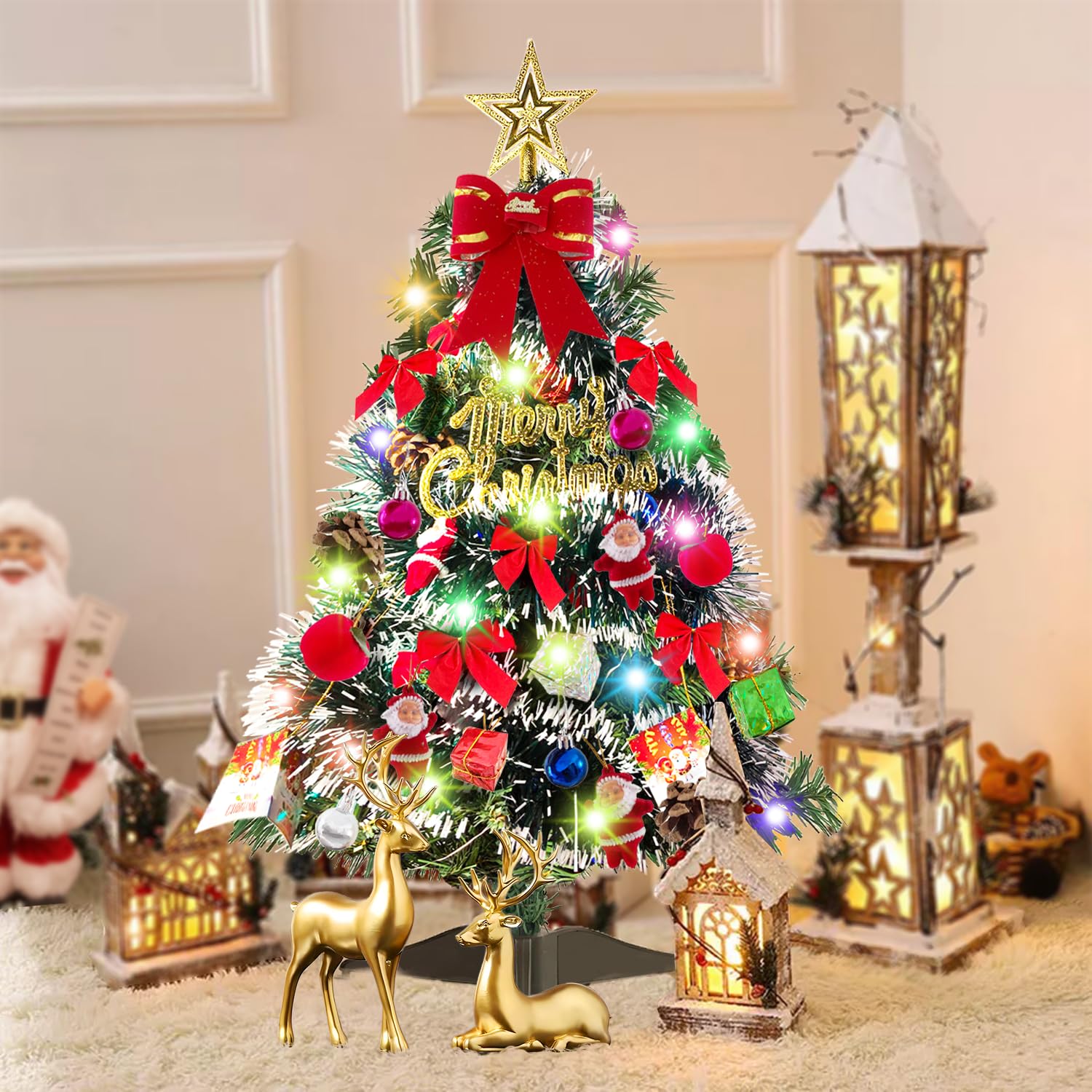WTZWYFWJ Árbol de Navidad de Mesa, 60cm Mini árbol de Pino de Navidad Artificial, Mini árbol de Navidad de Escritorio con Adornos Colgantes, Manualidades Navideñas,Decoraciones Navideñas de Escritorio
