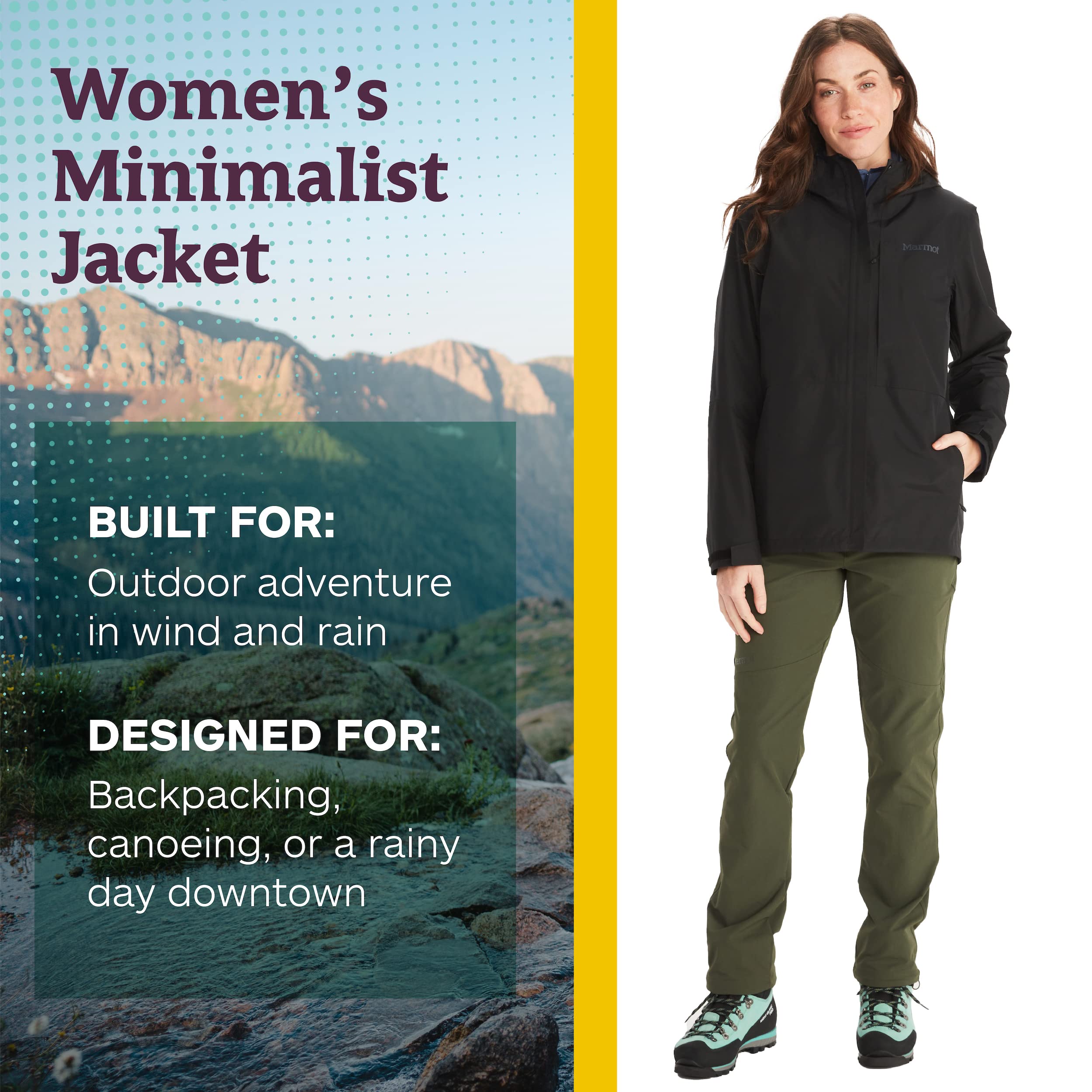 Marmot Kobiety Wm's Minimalist Jacket, Wodoodporna kurtka przeciwdeszczowa GORE-TEX, oddychający płaszcz przeciwdeszczowy z kapturem, lekka wiatrówka hardshell na wędrówki, Black, S