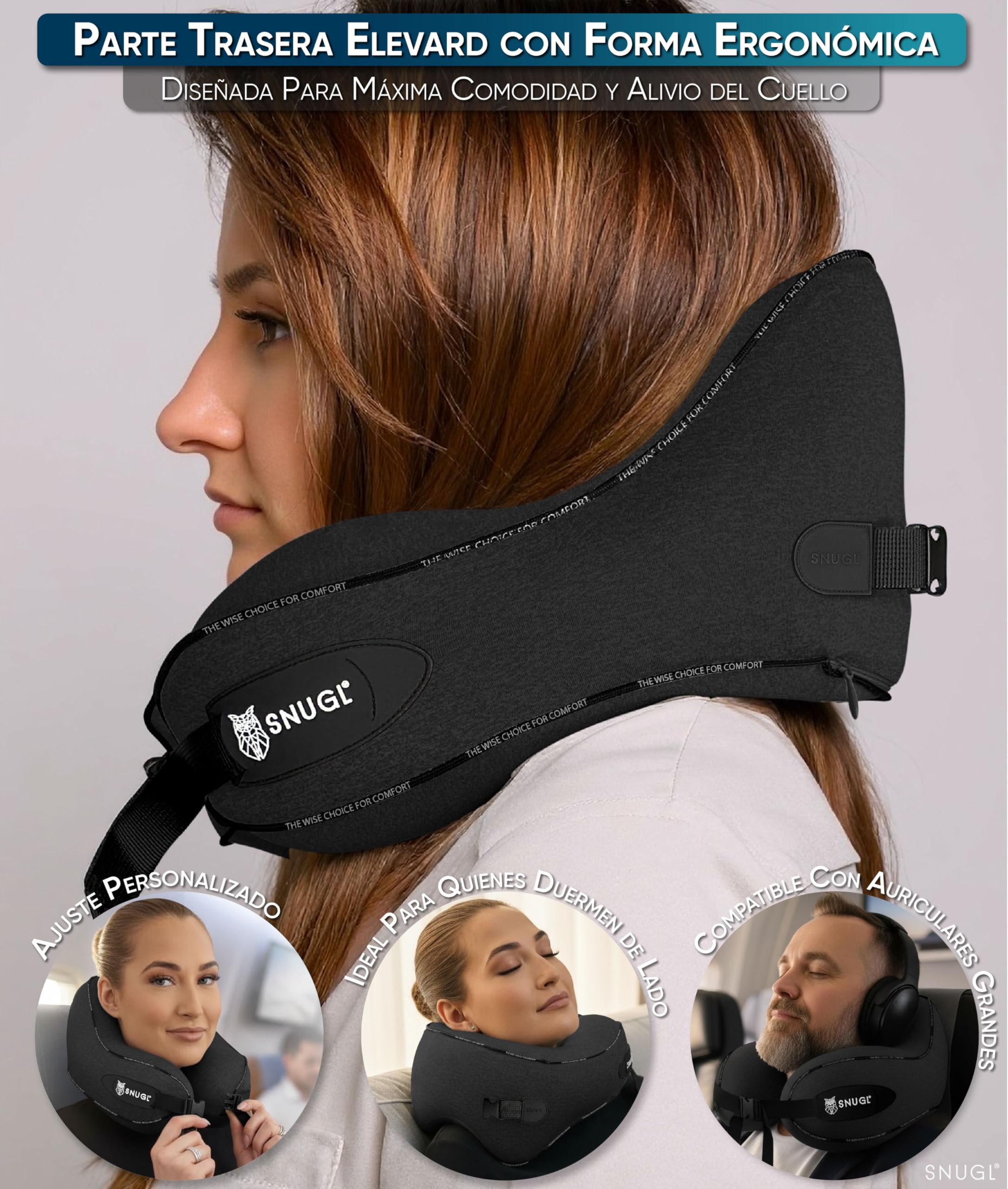 SNUGL Almohada de Viaje Ergonómica – Cojín Cuello Viaje de Espuma Viscoelástica | Almohada Cervical con Bolsa de Transporte para Coche y Avión | (Negro - Adulto Pequeño)