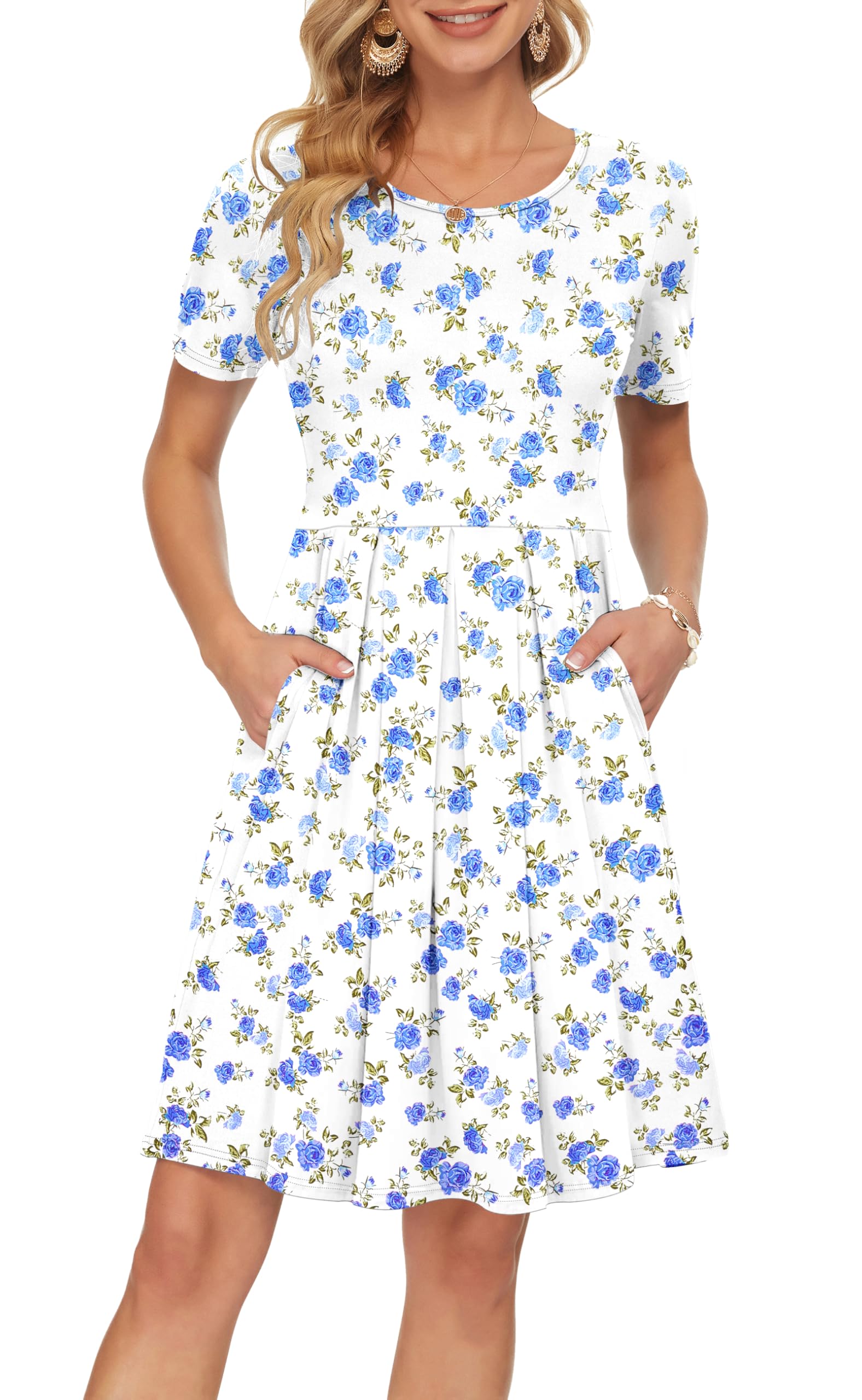 AUSELILY Women's Short Sleeve Pleated Swing Summer Dress with Pockets