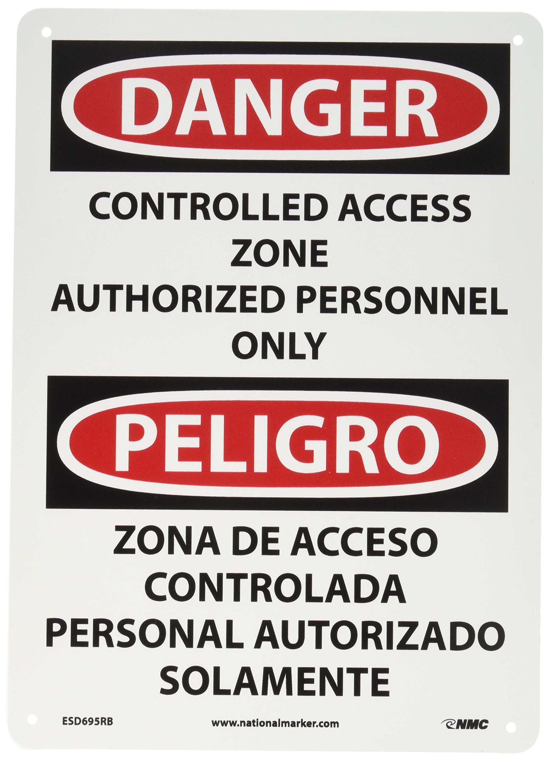 NMC ESD695RB Bilingual OSHA Sign, Legend "DANGER - CONTROLLED ACCESS ZONE AUTHORIZED PERSONNEL ONLY", 10" Length x 14" Height, Rigid Plastic, Black/Red on White