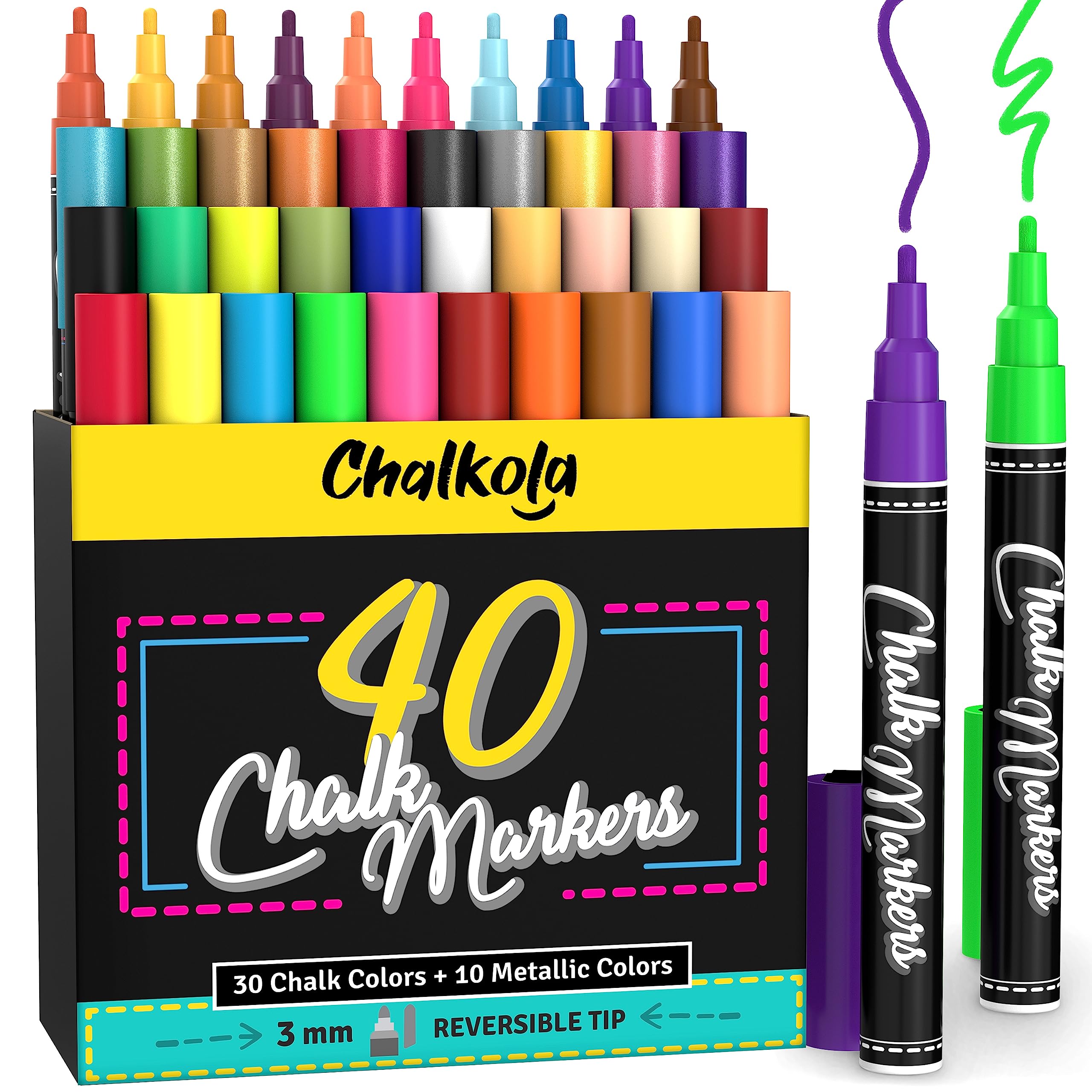Chalkola Chalk Markers - Pack of 40 (Neon, Classic & Metallic) Chalk Pens - For Chalkboard, Blackboard, Window, Labels, Bistro, Glass - Wet Wipe Erasable - 3mm Reversible Tip