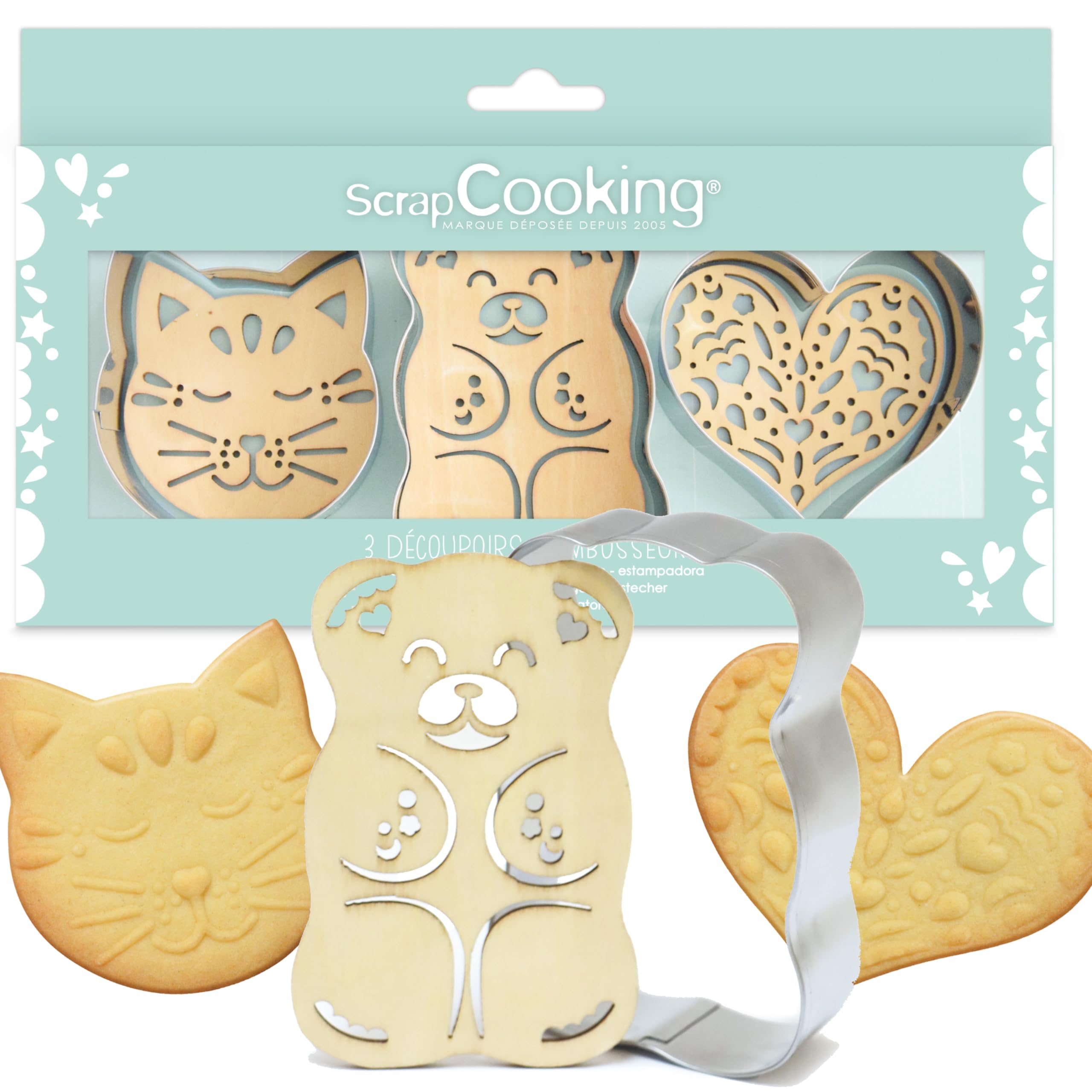 ScrapCooking 2111 Set of 3 Wooden Cutters and Embossers with Cat Bear and Heart Design Stainless Steel Cookie Cutters for Embossed Biscuits and Sandy Pastry Accessories