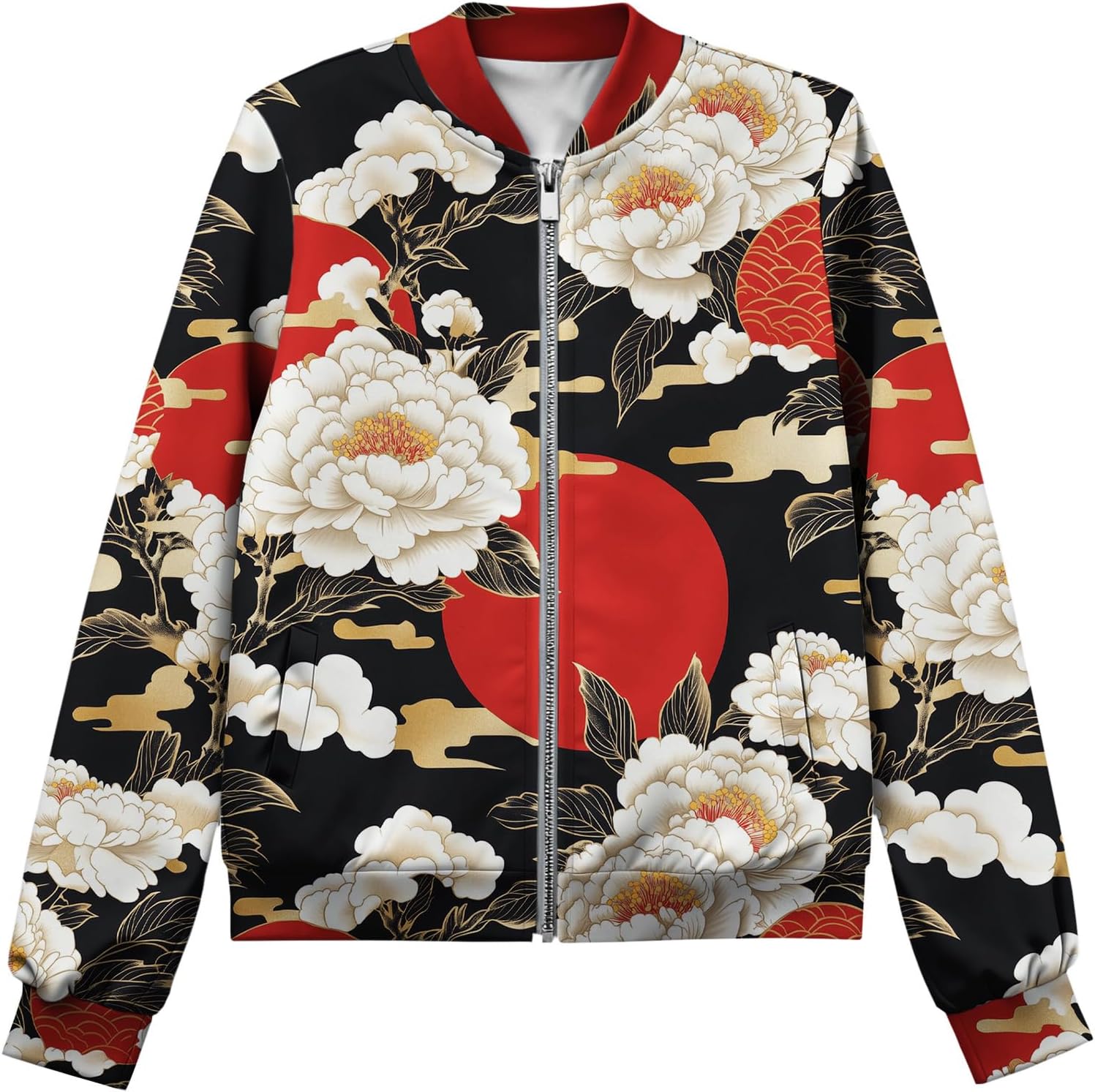 LIZALIG Women's Floral Print Bomber Jacket Casual Vintage Zip Coat Lightweight Long Sleeve Outwear Tops Windbreaker