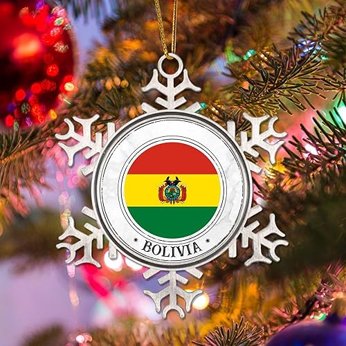 Adorno de Navidad de Bolivia, recuerdo de la bandera de Bolivia, adorno de árbol de Navidad, copo de nieve, adorno de metal, recuerdo de Navidad,
