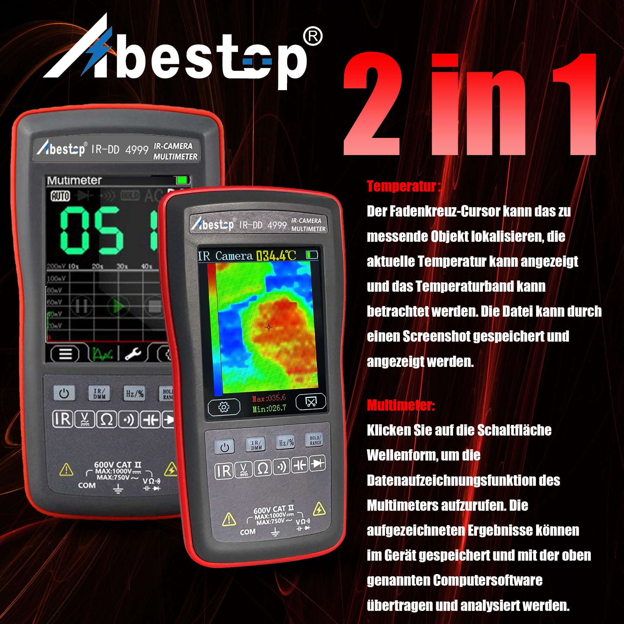 wärmebildkamera mit 2-in-1-Funktionen Multimeter Digital | Spannungsprüfer, Widerstand, Kapazität, mit 20 Hz Bildaufnahmefrequenz