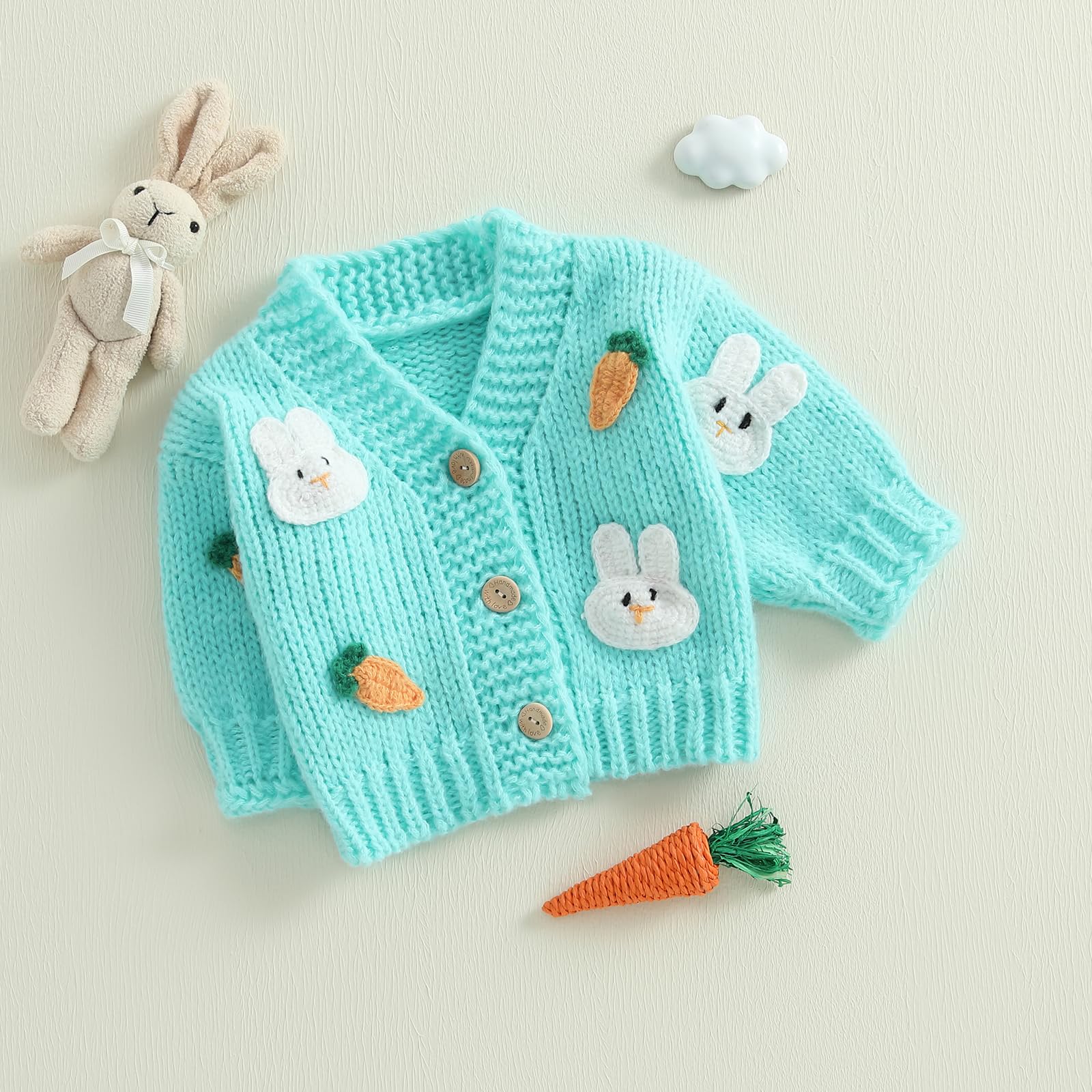 Motlapol Toddler Baby Girl Easter Cardigan Sweater 3D Bunny Carrot Long Sleeve Button Down Chunky Knit Jacket Spring Clothes (Sky Blue, 3-6 Months)