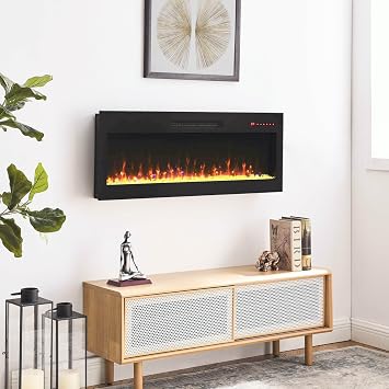 42" Electric Fireplace, Recessed Ultra-Thin Wall Fireplace Heater, Tempered Glass Front Wall Mounted Electric Fireplace with Remote and Multi Color Flame & Emberbed, LED Light Heater 42 inch