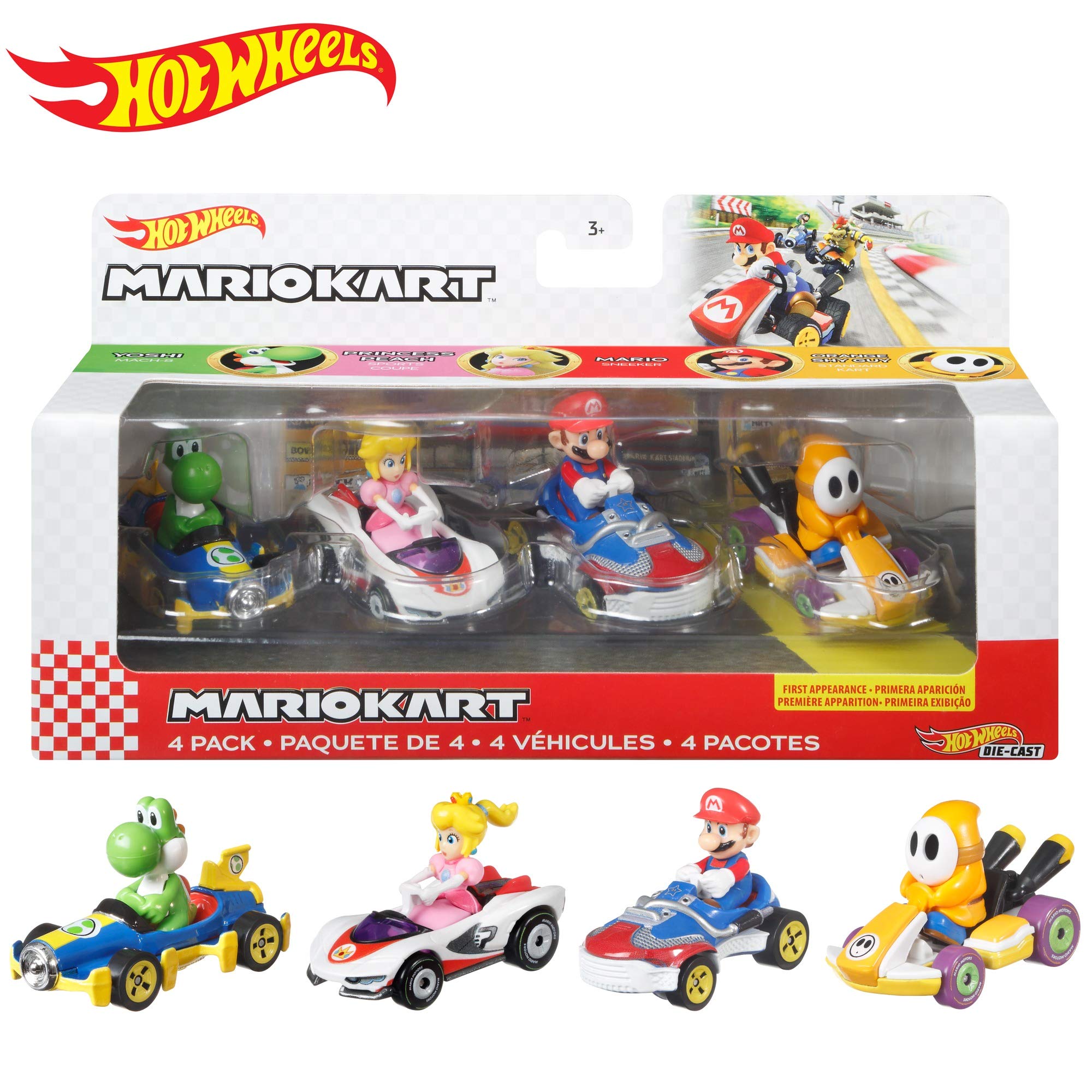Hot Wheels Mario Kart Coffret 4 Mini-véhicules Yoshi, Peach, Mario et Maskass échelle 1:64, inspiré par Les Voitures du Jeu, Jouet pour Enfant, GWB38
