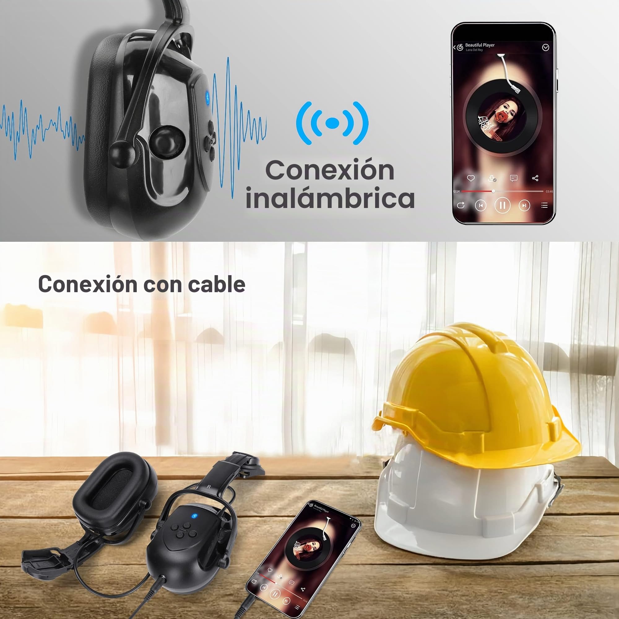 Kalence NRR - Orejeras con Bluetooth para casco duro, 28 dB, ajustable, protección auditiva Bluetooth, orejeras de seguridad de 50 horas de reproducción, auriculares de trabajo para cortar el césped,