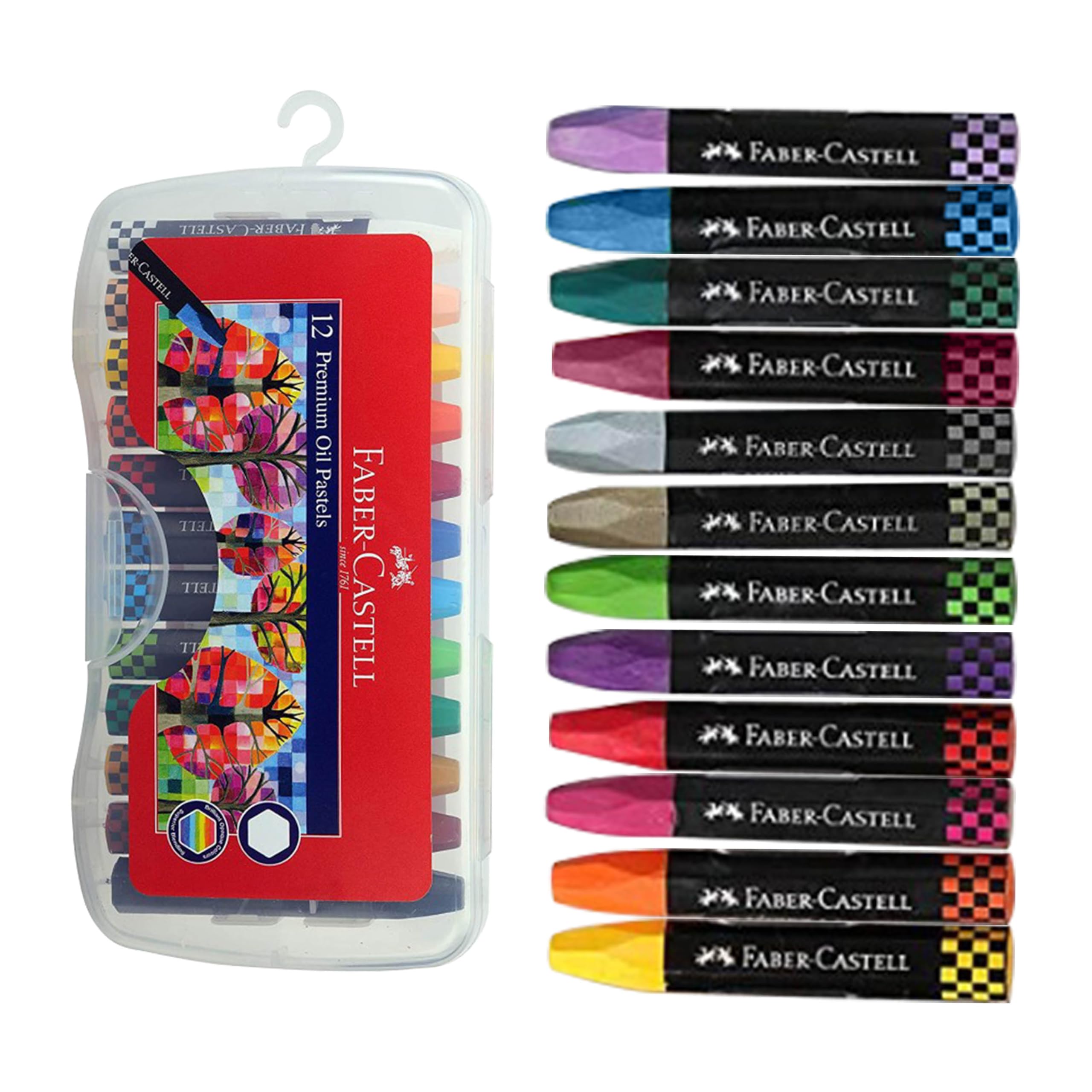 Faber-Castell Premium Hexagonal Oil Pastels, Carry Case of 12, MULTICOLOUR, Soft Oil Pastel Vibrant Colours, Versatile Art Pastels for Blending, Layering, Shading, Colouring and Sketching
