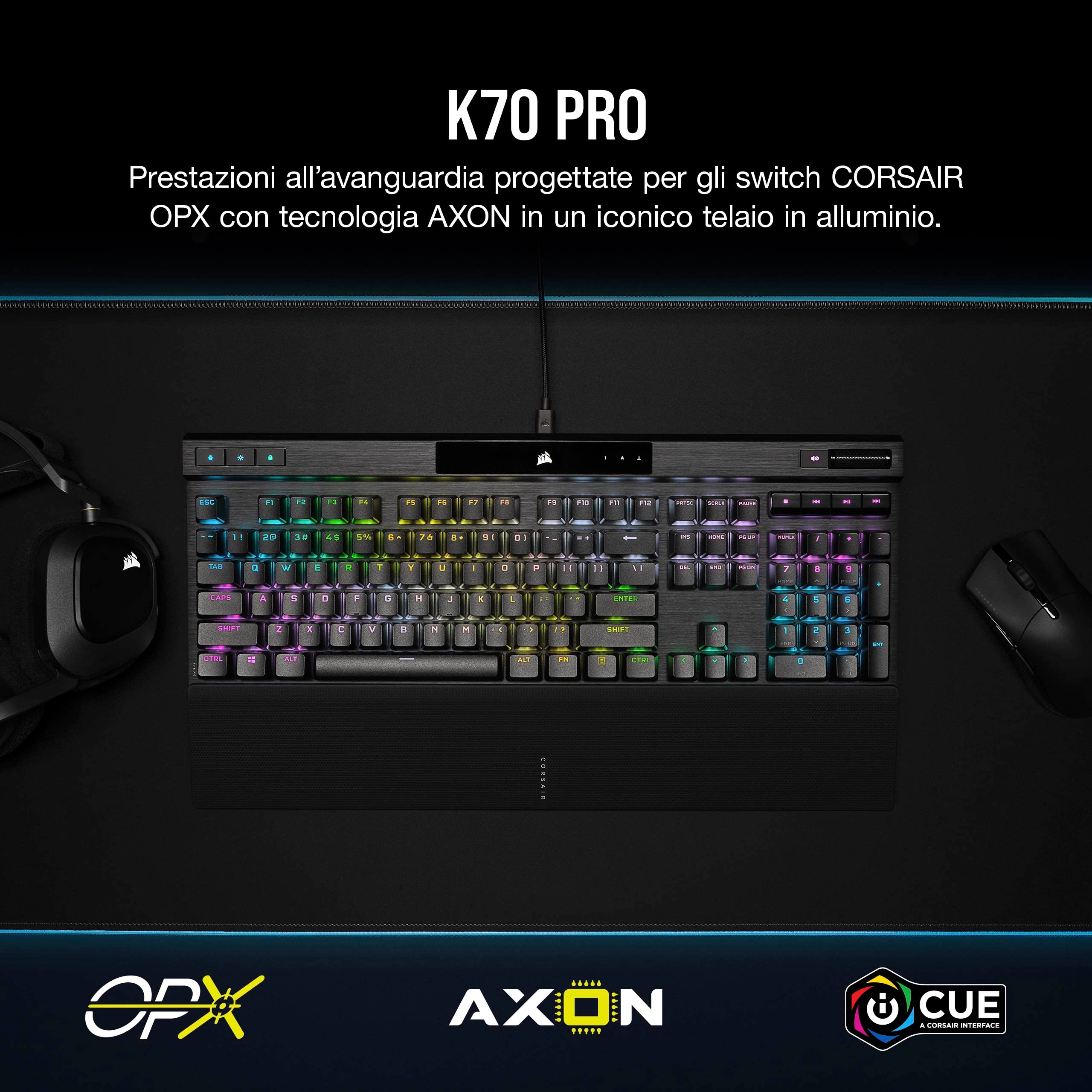 Corsair K70 PRO RGB Tastiera da Gioco Cablata Ottico-Meccanica - Interruttori Lineari OPX - Keycaps a Doppio Scatto PBT - Compatibile con iCUE - QWERTY IT - PC, Xbox - Nero