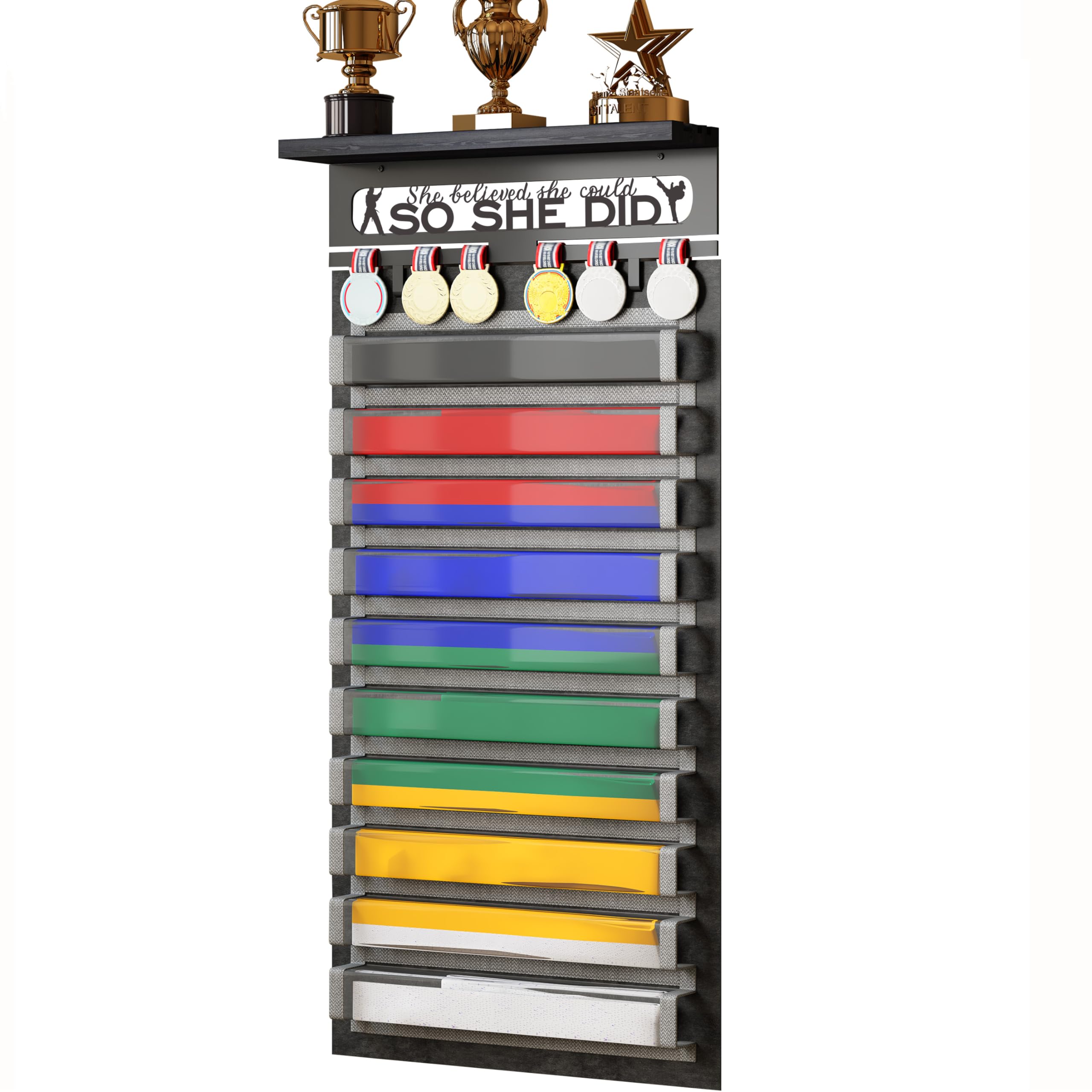 TL TONLOKTL TONLOK 3 in 1 Karate and 10 Belts Taekwondo Belt Display Rack with Medal Hanger, Trophy/Photo Rack, and Felt Dustproof Design. (SO SHE DID, 10 Belts)