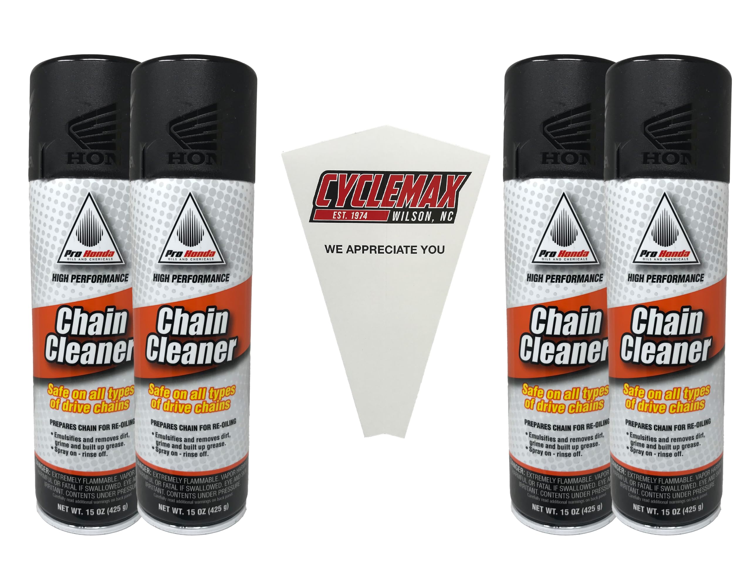 CYCLEMAX Four Pack compatible with Honda Chain Cleaner 08732-CHC00 Contains Four 15oz Cans and a Funnel