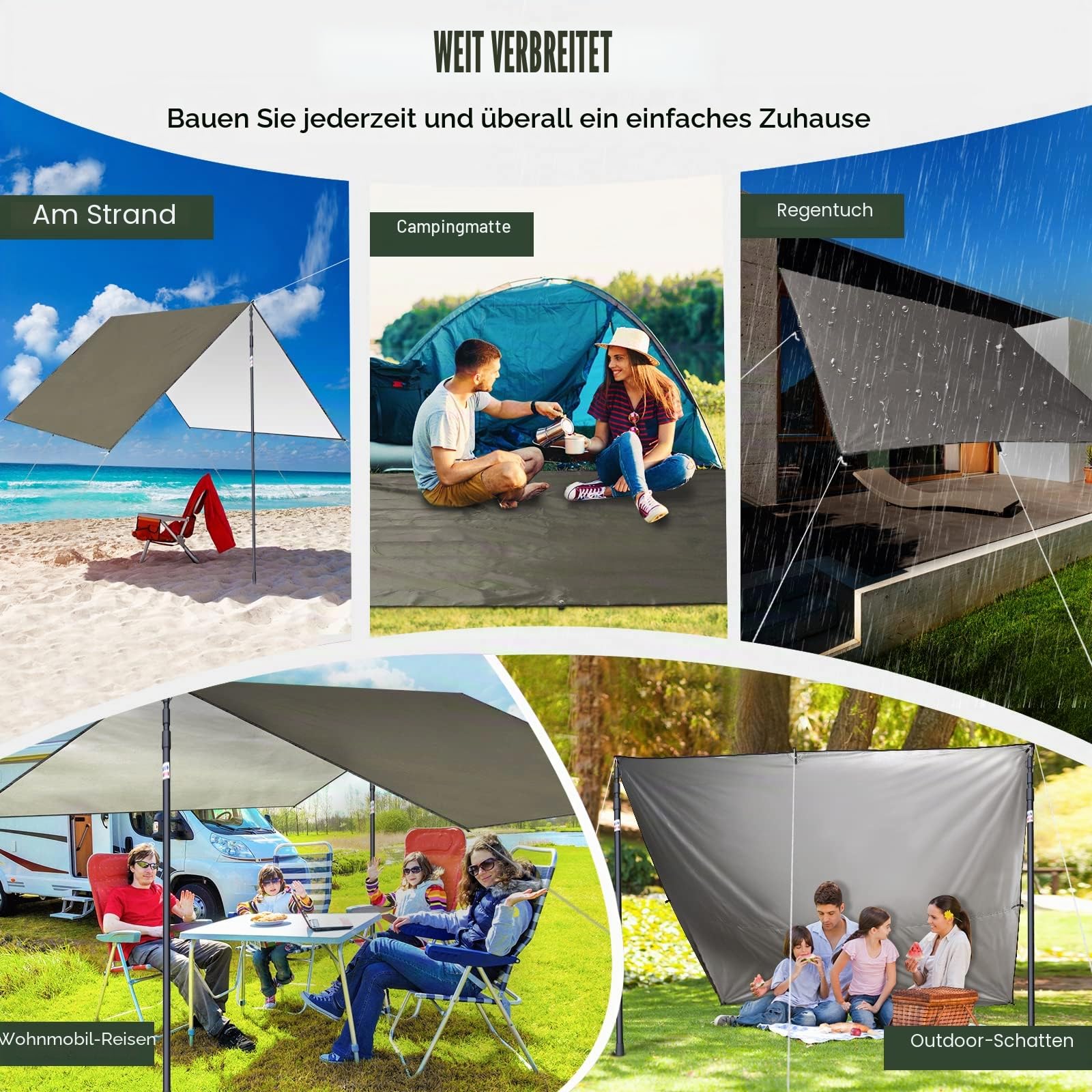 Camping Zeltplane 300 cm x 300 cm/400 cm wasserdichte Anti-UV-Hängemattenplane mit 8 Erdnägeln und 8 Seilen für Picknick im Freien