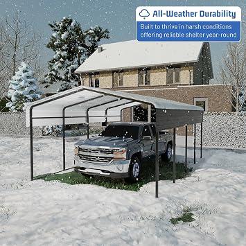 HEYTOWN Metal Carport 10 * 15 FT Heavy Duty Carport Canopy with Galvanized Steel Roof Multi-Use Shelter Outdoor Portable Garage for Car, Boat, Pickup and Tractor