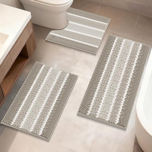 Miniatura 15 de ArtyCozy Alfombras de baño de felpilla de 3 piezas, extra gruesas, absorbentes, antideslizantes, con alfombra de inodoro en forma de U, tapete