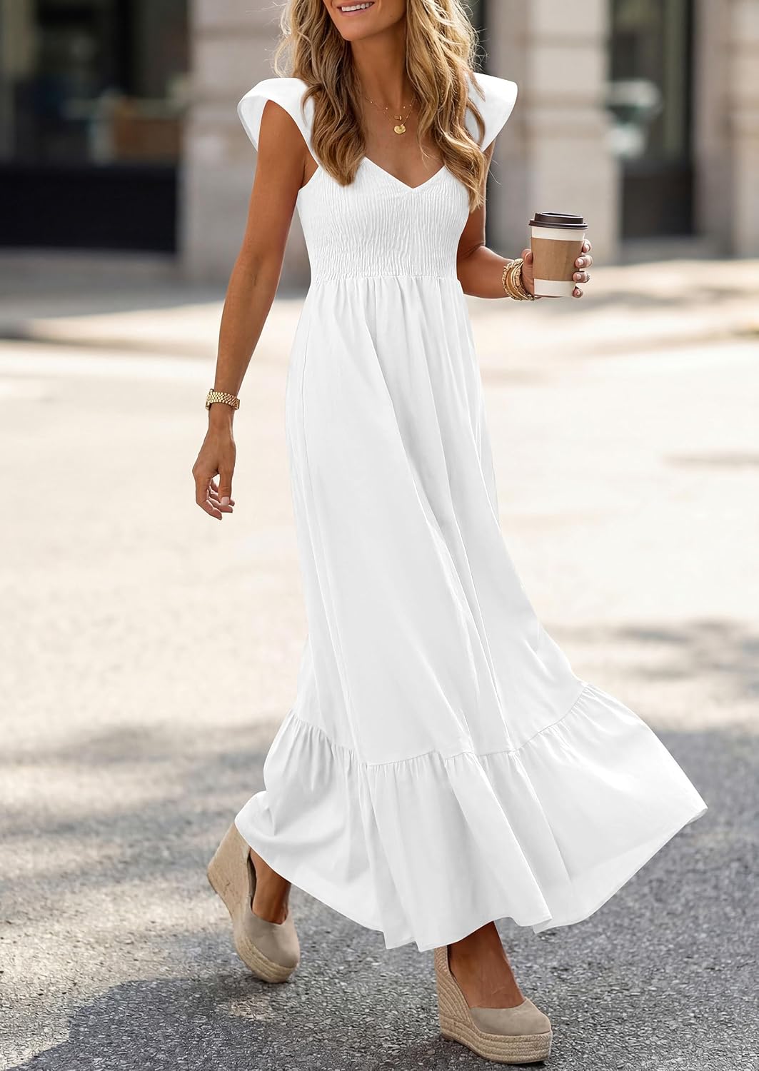 PRETTYGARDEN Women's 2026 Summer Casual Maxi Dresses Cap Sleeve V Neck Smocked Long Pockets Party Sundress Vacation Outfits