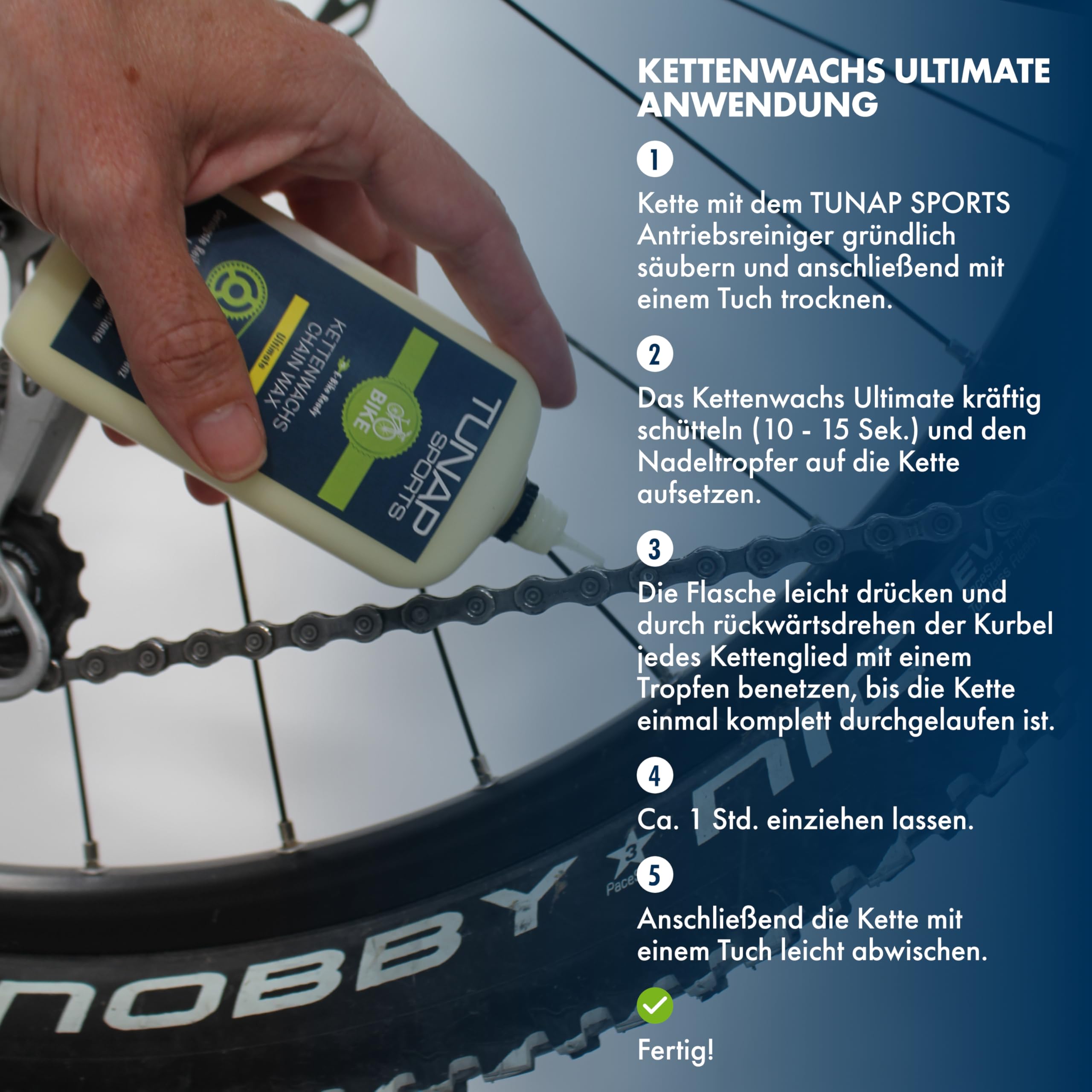 TUNAP SPORTS Flacone contagocce Ultimate – 100 ml | Matrice di cera grassa con particelle di ceramica per catene di biciclette | E-Bike Ready | Made in Germany