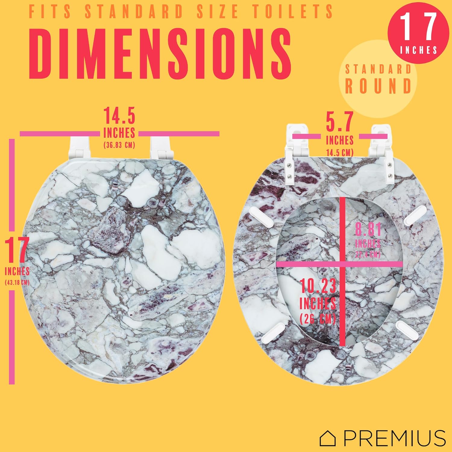 Wood Toilet Seat By PREMIUS, Standard Round, 17 Inches, Stylish Marble Printed Design, Durable MDF Wood Material, Plastic Hinges, Comfortable Seat, Quick Installation & Easy to Clean (Purple Marble)