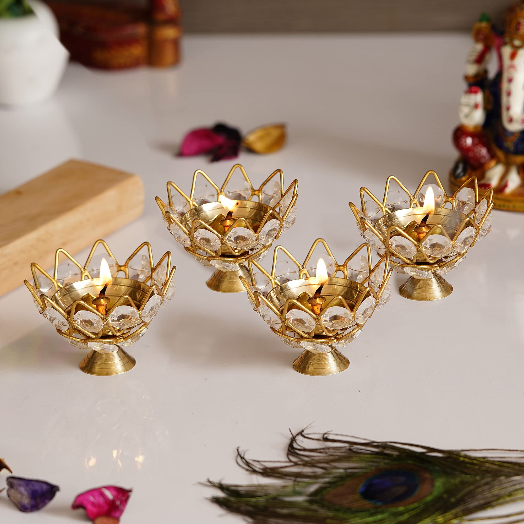 eCraftIndia Set of 4 Golden Lotus Flower Shape Crystal Brass Diyas for Diwali Pooja - Diwali Diya for Puja - Housewarming, Ganesh Chaturthi, Diwali Gift Items - Diwali Decoration Item for Home Decor (B09H7B9YL7) Amazon Price History, Amazon Price Tracker