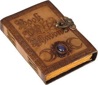 Book of Shadows Grimoire Journal - 200 Pages Antique Deckle Edge Paper, Triple Moon, Pentagram, Witch Journal Leather Cover with Semi Precious Stone Lock Closure Vinatge journal 7x5 Inch
