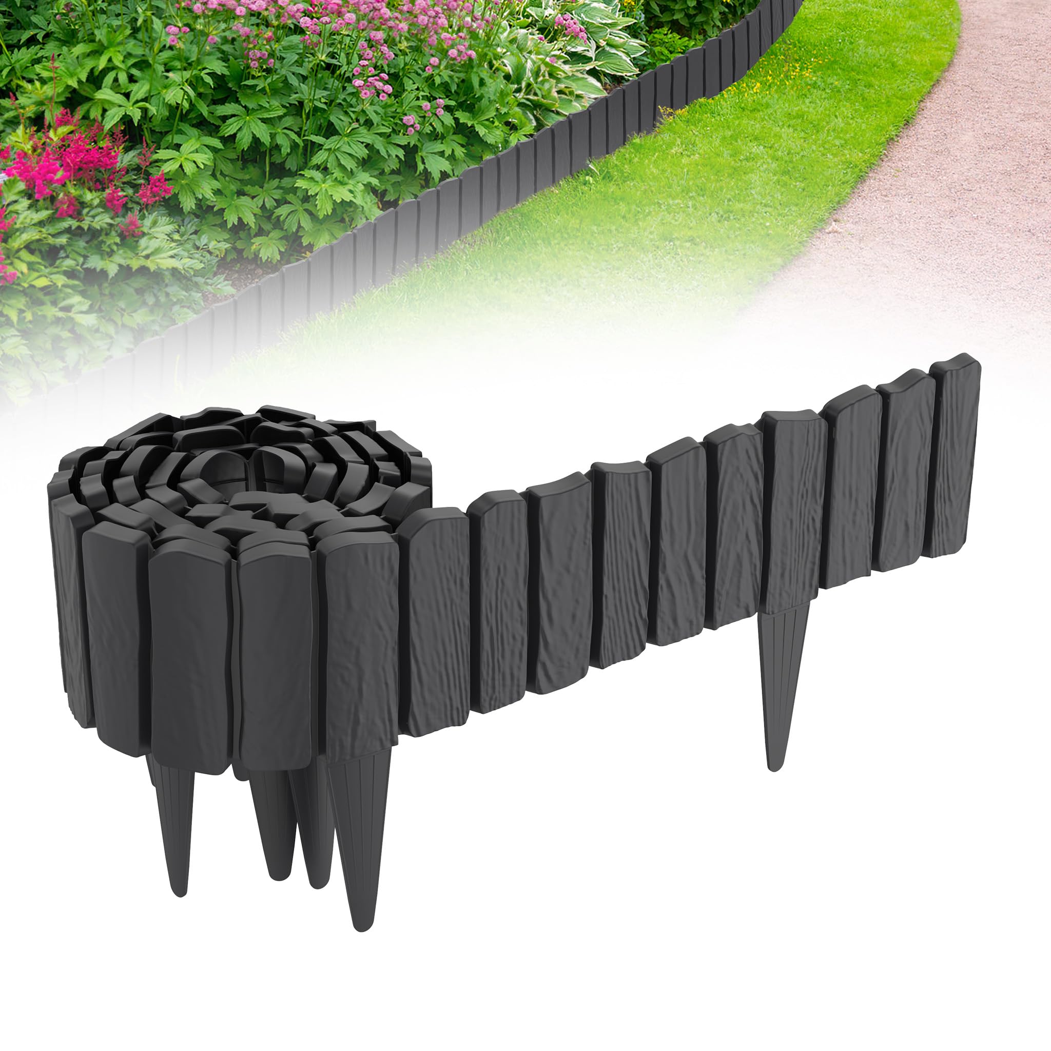 4.8m Rasenkante Kunststoff Beetumrandung mit Holzoptik & 10 cm Erdspießen - Mähkante für Garten, Beeteinfassung Anthrazit, Palisade im Holzdesign Anthrazit