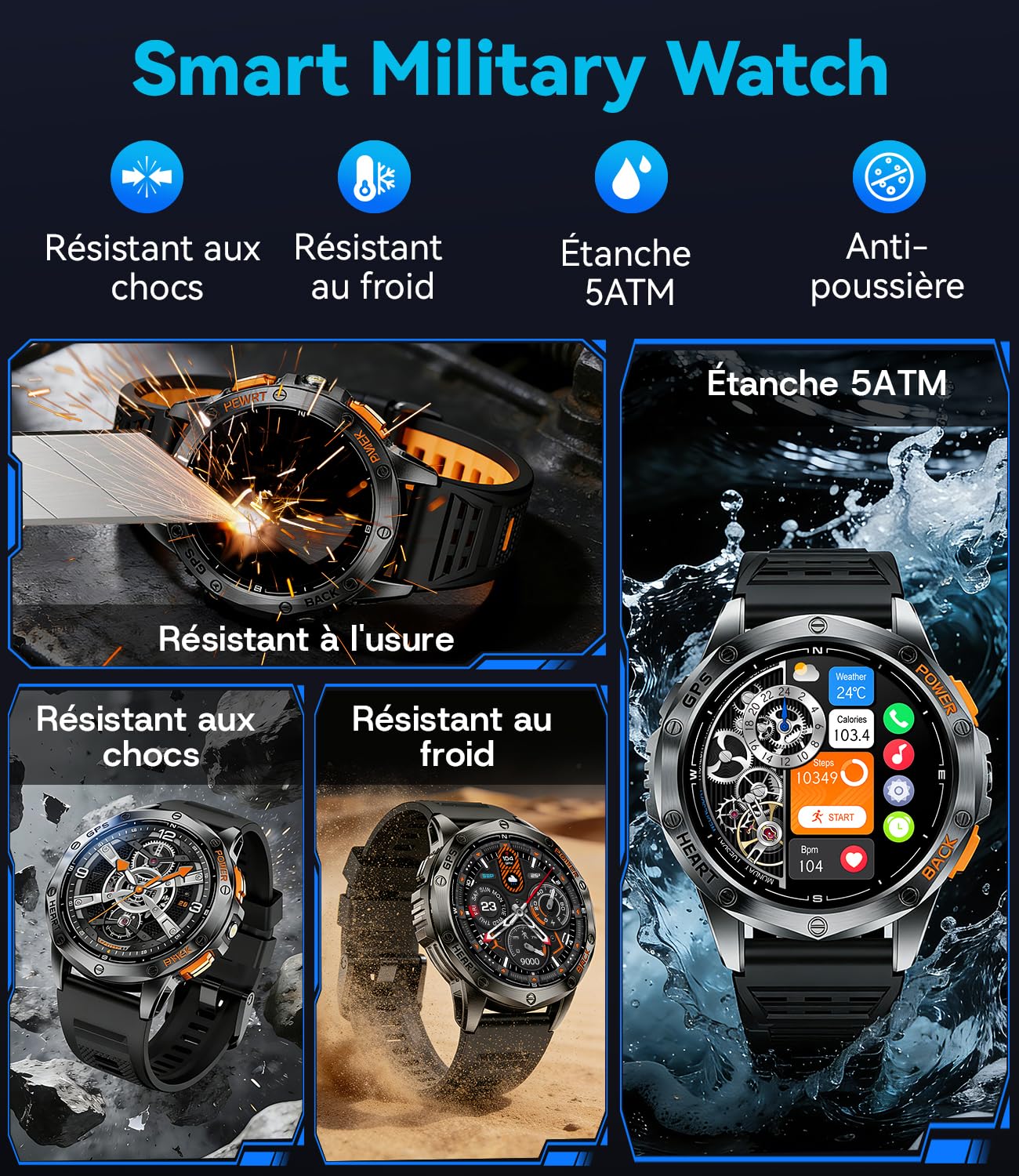 LIGE Montre Connectée Homme GPS avec Boussole/Baromètre, Lampe Torche, Écran AMOLED 1,43", Batterie 600mAh, 5ATM, Appels Bluetooth, Suivi Santé pour Android et iOS, DM1-H