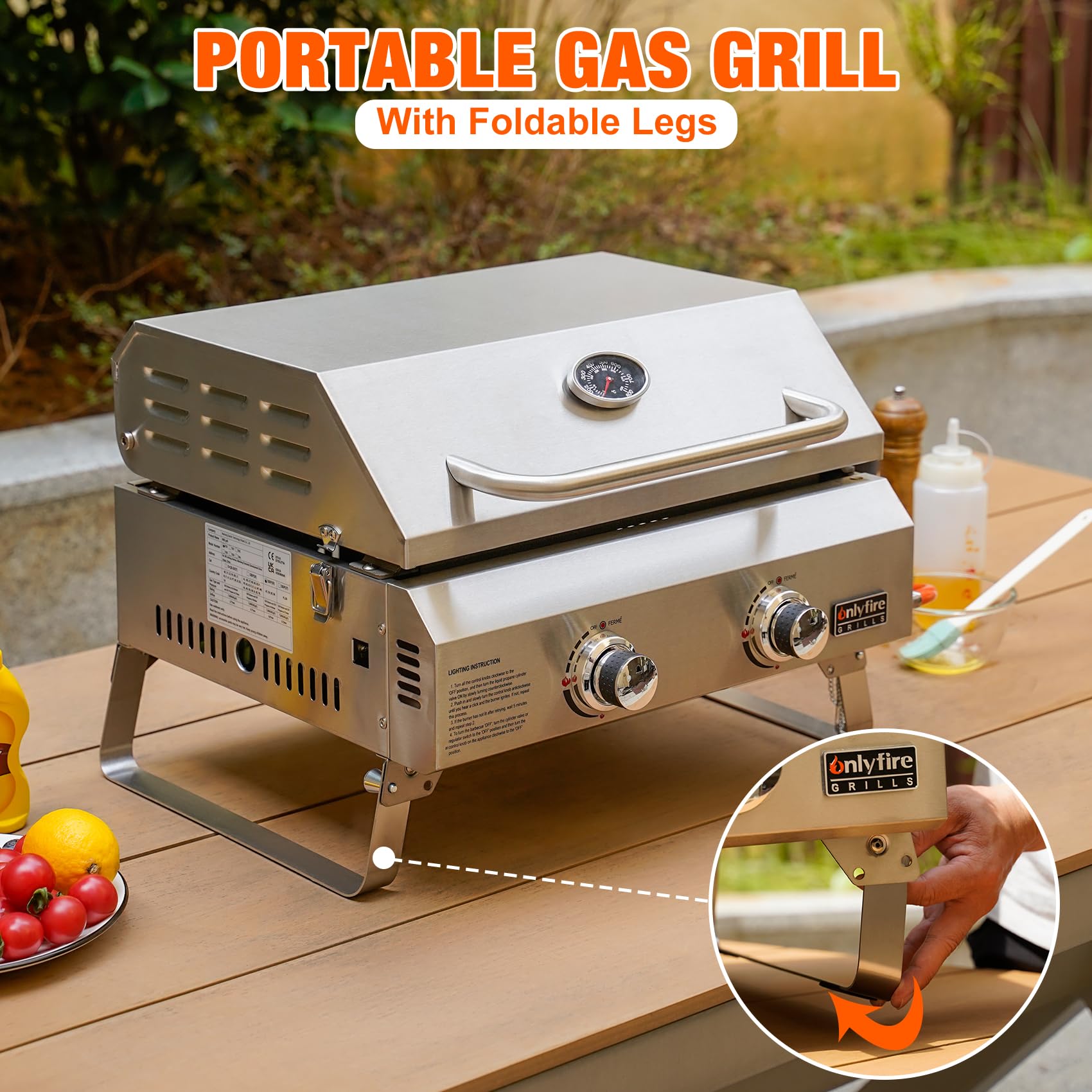 onlyfire Barbecue à Gaz 2 Brûleurs en Acier Inoxydable, Barbecue de Table avec Couvercle et Plaque de Gril en Céramique, Zone de Cuisson 45,8x36CM, pour Camping et l' Extérieur