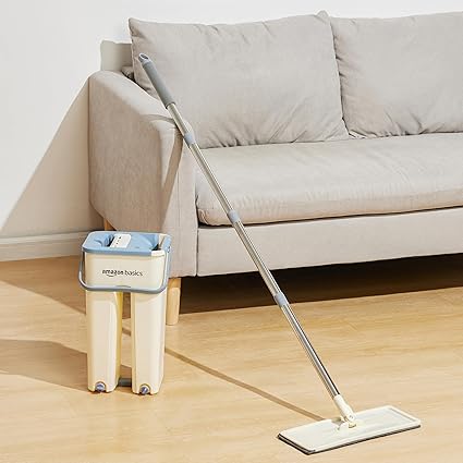 Amazon Basics Floor Mop with Bucket | Flat Squeeze Mechanism | 360 degree Flexible Mop Head | 2 Reusable Pads Clean Home Floor Cleaner Wipes (Single Dry Scraper 48 - ? Mop with 2 Pads)