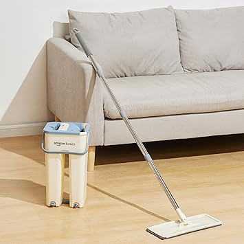 Amazon Basics Floor Mop With Bucket | Flat Squeeze Mechanism | 360° Flexible Head | 2 Reusable Pads | Clean Home Floor Cleaner Wipes (Single Dry Scraper 48'' With 2 Pads) - image, photos