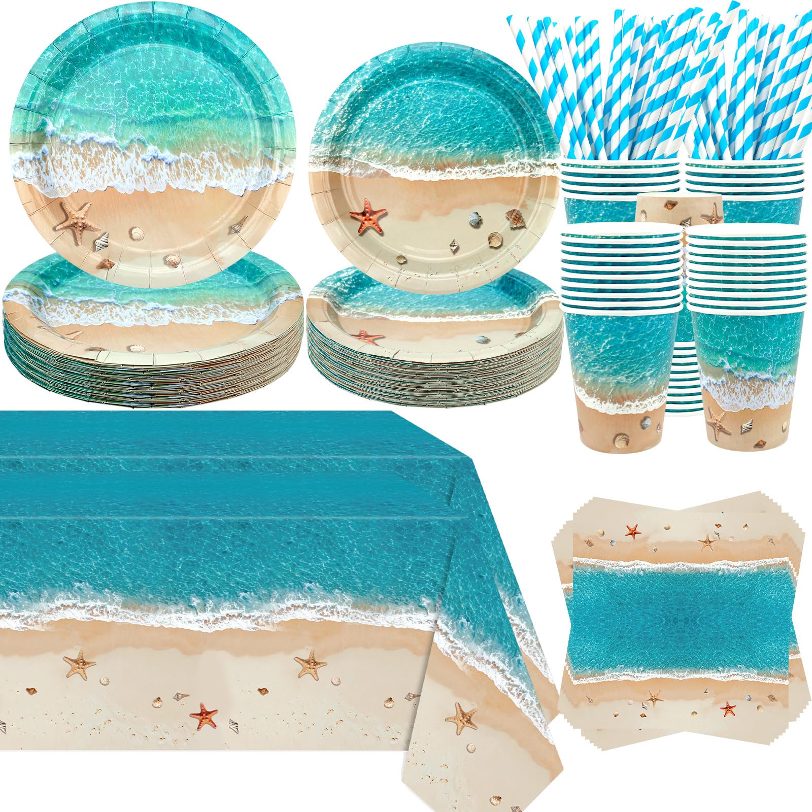Beach Party Decorations Supplies Include Plates Tablecloth Napkins Tableware for Hawaiian Summer Pool Party Birthday Decorations Seashell Party Supplies, Serves 20