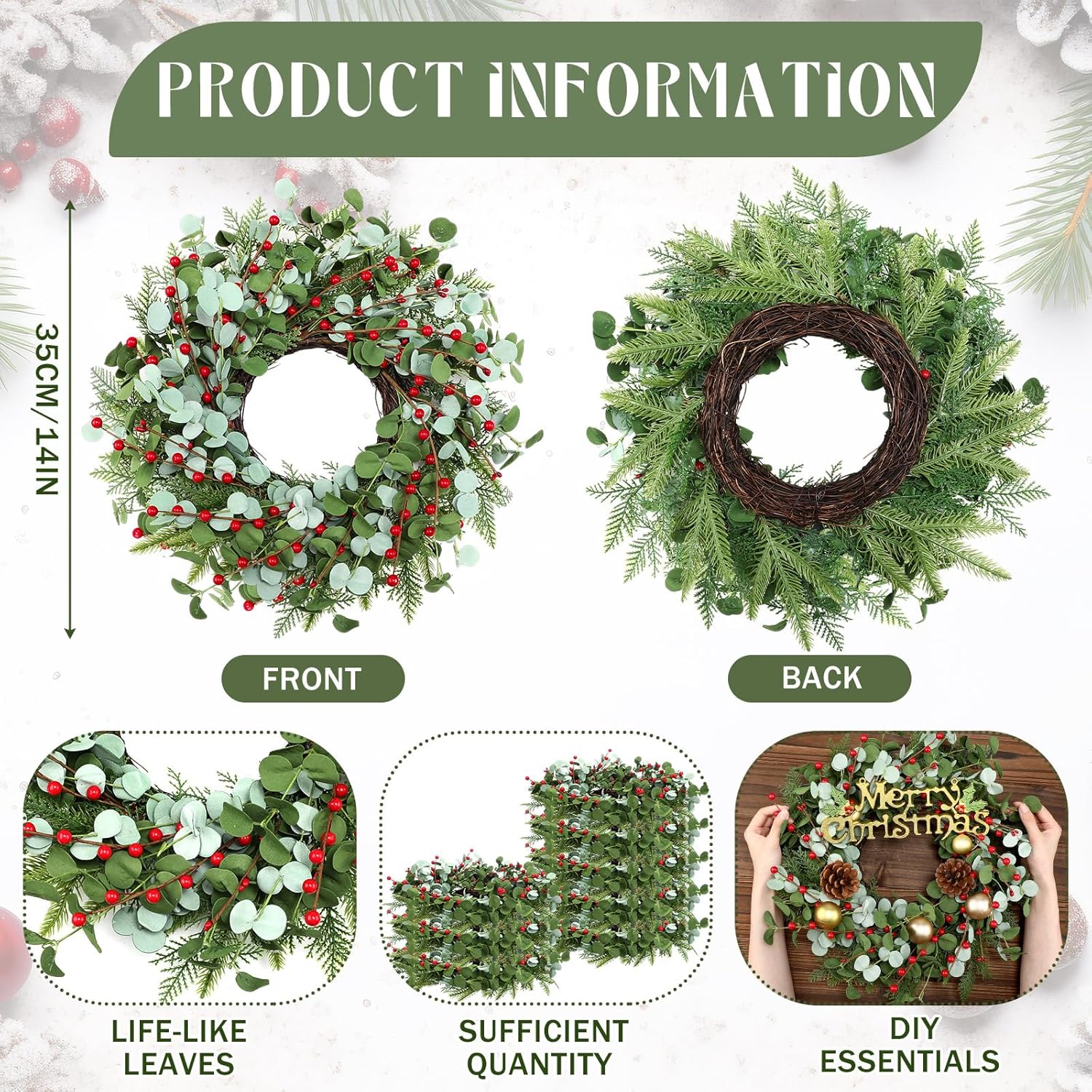 Zeyune 4 Pcs Christmas DIY Green Wreath 14 Inch Artificial Christmas Wreaths Faux Plain Wreaths for Decorating Front Door Window Room Farmhouse Xmas Party Indoor Outdoor (Chic Style)