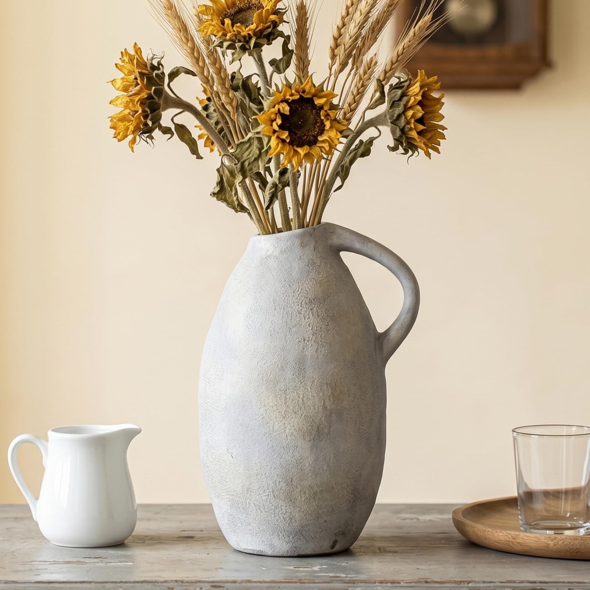 Duoqulou Vintage Rustic 10.3 Inches Ceramic Vase,White Large Decorative Terracotta Vase for Centerpieces, Home Decor for Living Room, Bedroom, Wedding, Shelf
