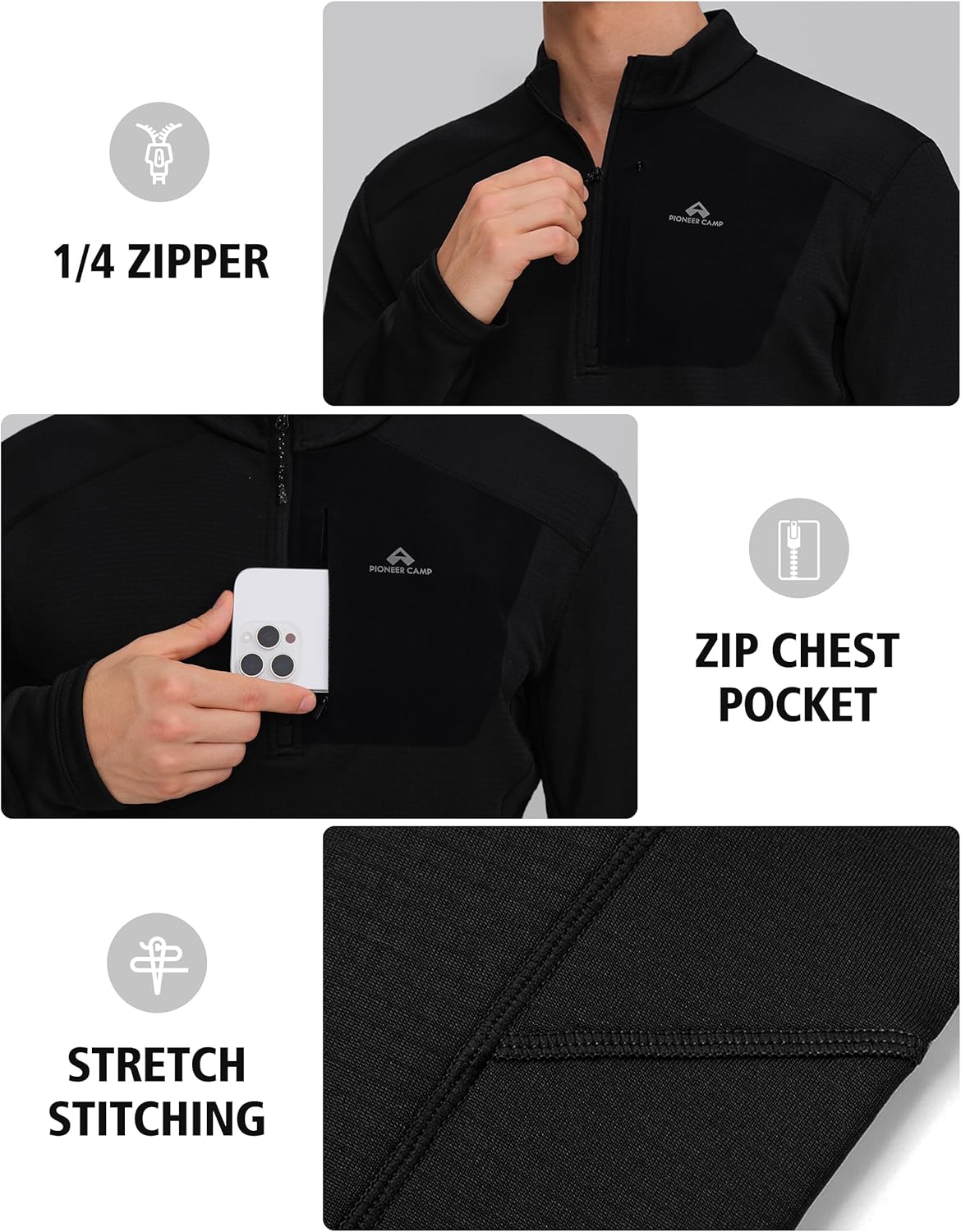 Pioneer Camp Men’s Grid Fleece 1/4 Zip Pullover Jacket Lightweight Casual Winter Warm Thermal Sweatshirt with Chest Pocket - Image 5