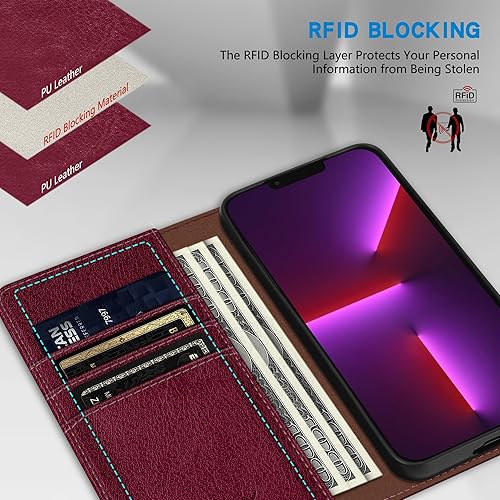 Miniatura 2 de ZZXX Funda tipo cartera para iPhone 13 Pro Max con bloqueo RFID, soporte de ranura para tarjetas, funda protectora de cuero magnético fuerte para