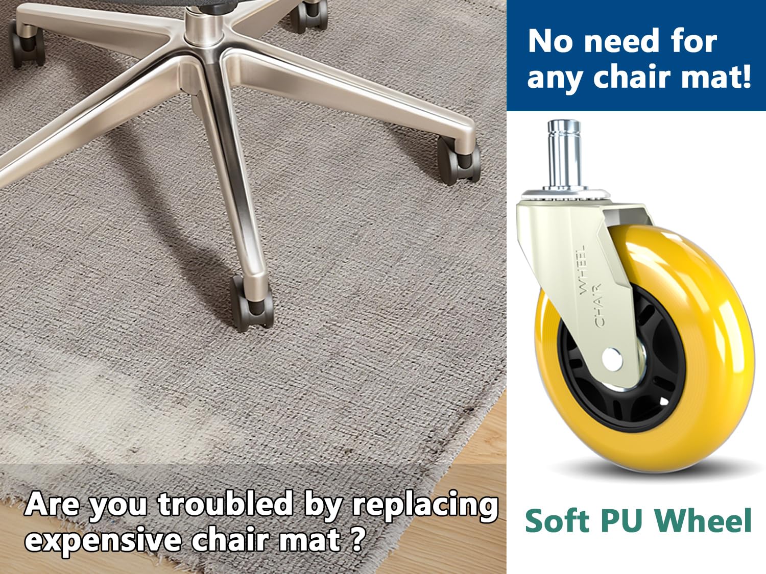 Ruedas amarillas para silla de oficina de 3 pulgadas, ruedas de goma de repuesto, vástago de ajuste universal de 11 mm, ruedas resistentes para silla de escritorio de computadora para suelos