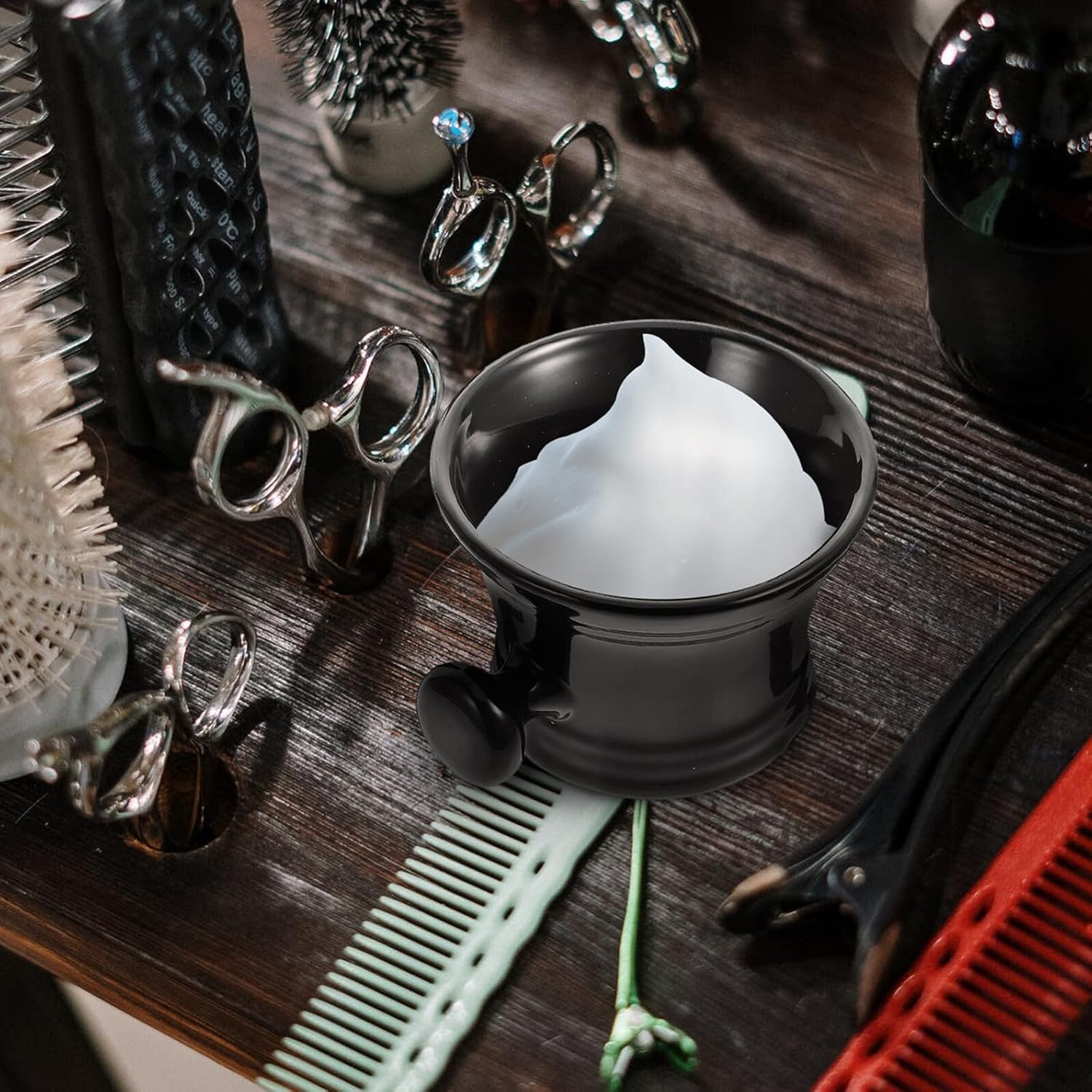 KICHOUSE Ceramic Men Shaving Soap Foaming Bowl with Handle Black, Simple Shaving Cream Bubble Container for Wet Shave Grooming, Bathroom Accessory for Men