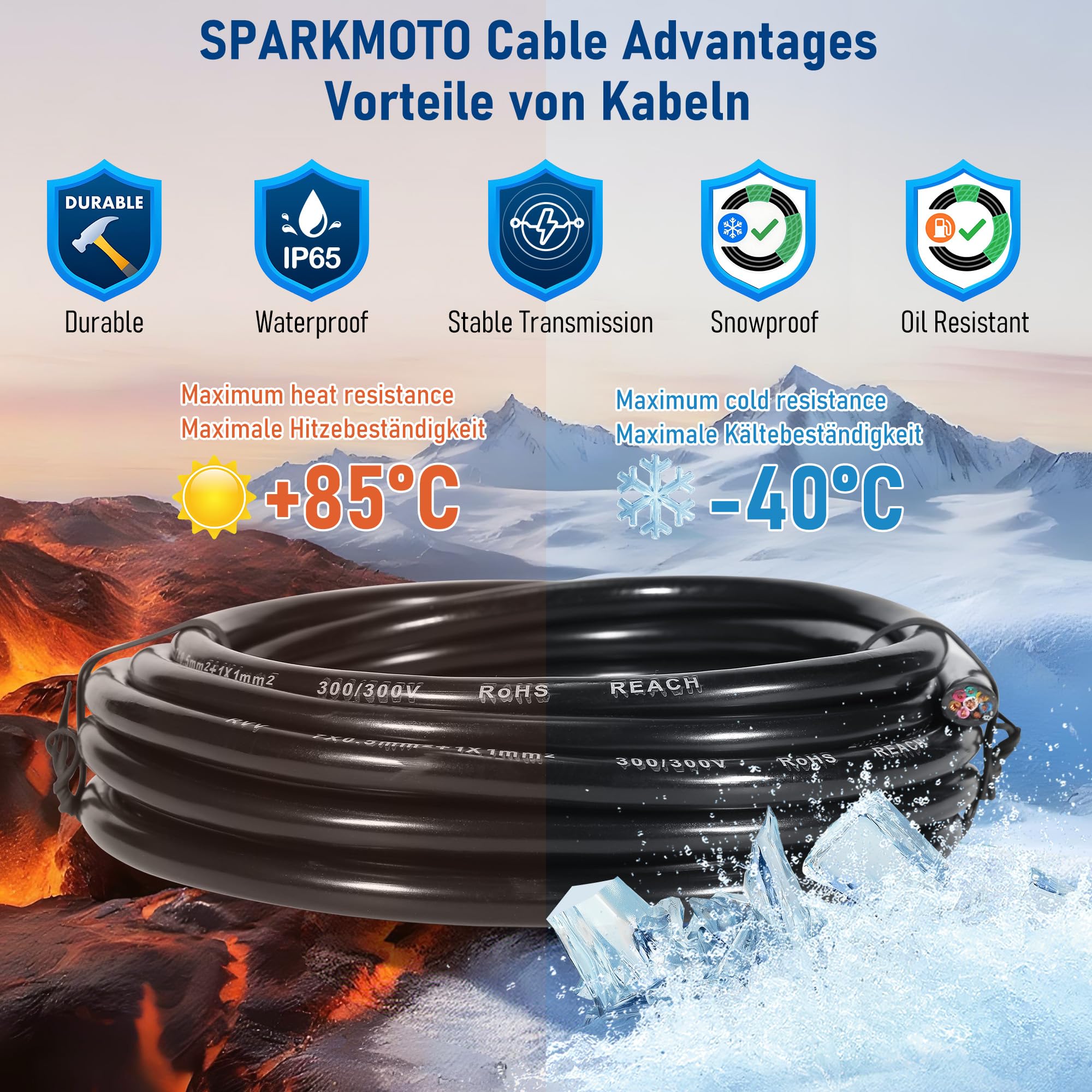 Cavo 8 Poli rimorchio 2M, Cavo luci rimorchio 8 conduttori, 80V 48V 24V 12V Cavo 8 Poli per rimorchio,Cavo per Veicolo(7x0,5 mm²+1x1 mm²)