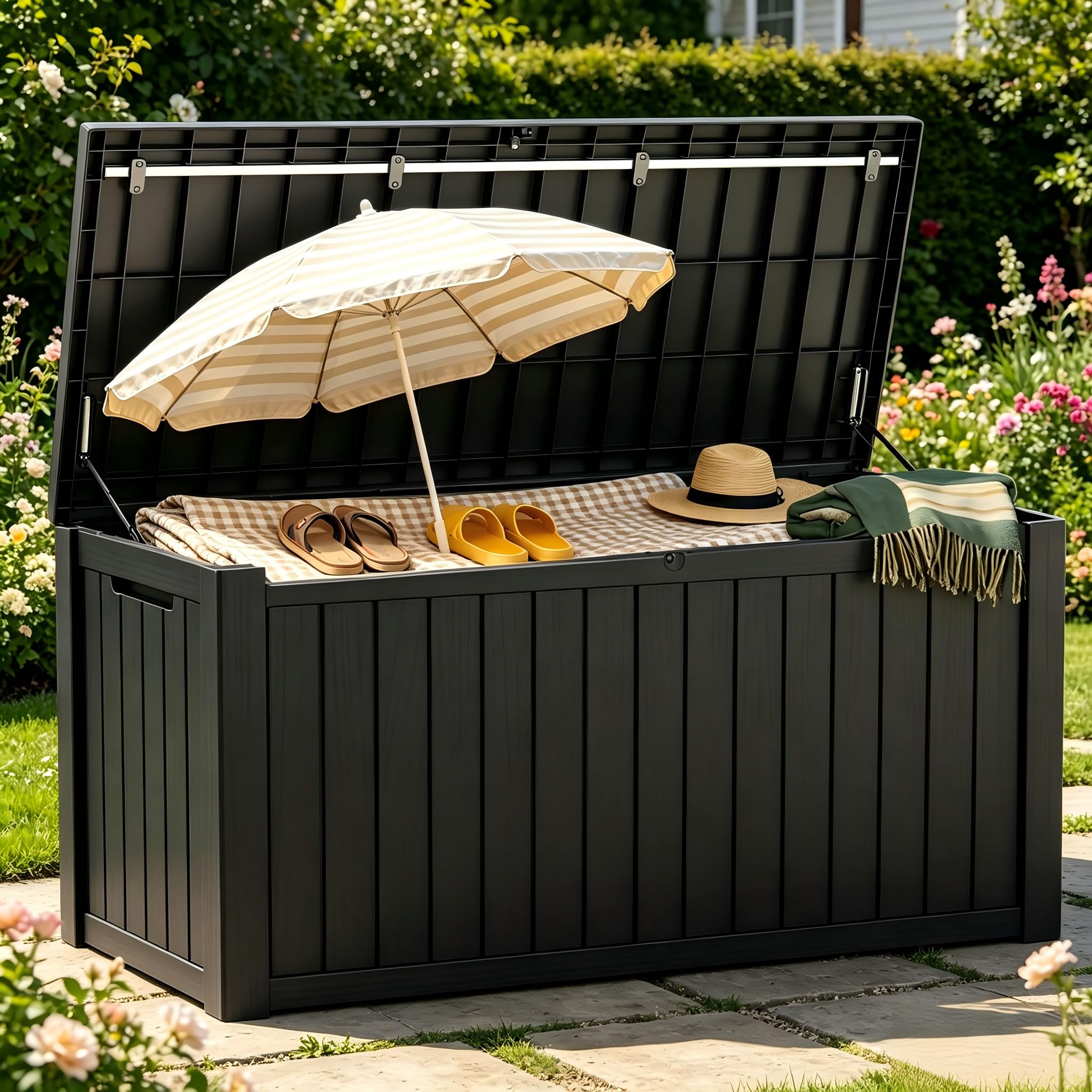 151 Gallon Resin Deck Box with Lockable Lid – Heavy-Duty Outdoor Storage for Patio Furniture, Garden Tools, Pool Accessories, BBQ Supplies – All-Weather Wood Grain Design