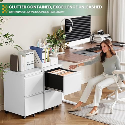 Miniatura 27 de Archivador móvil de 3 cajones con cerradura, archivador debajo del escritorio para oficina en casa, archivadores de metal sobre ruedas para archivo