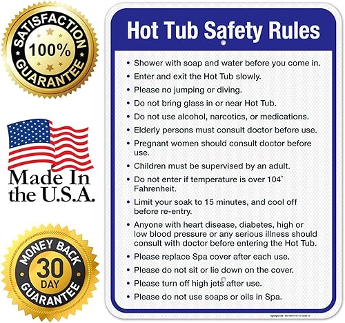 Vista 37 de Letrero de reglas de seguridad para bañera de hidromasaje, cartel de piscina, 10 x 14 pulgadas, libre de óxido, aluminio 040, resistente a