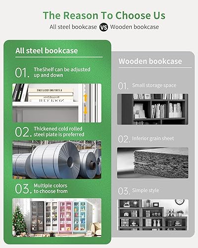 Miniatura 6 de Greenvelly - Armario de almacenamiento de metal blanco, armario de exhibición curio alto con puerta de vidrio y estante de cristal con 2 puertas de